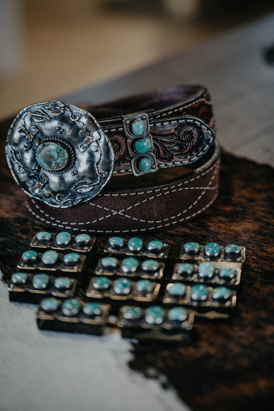 Scallop Edge Belt Keeper German Silver with Turquoise Stones by Paige Wallace