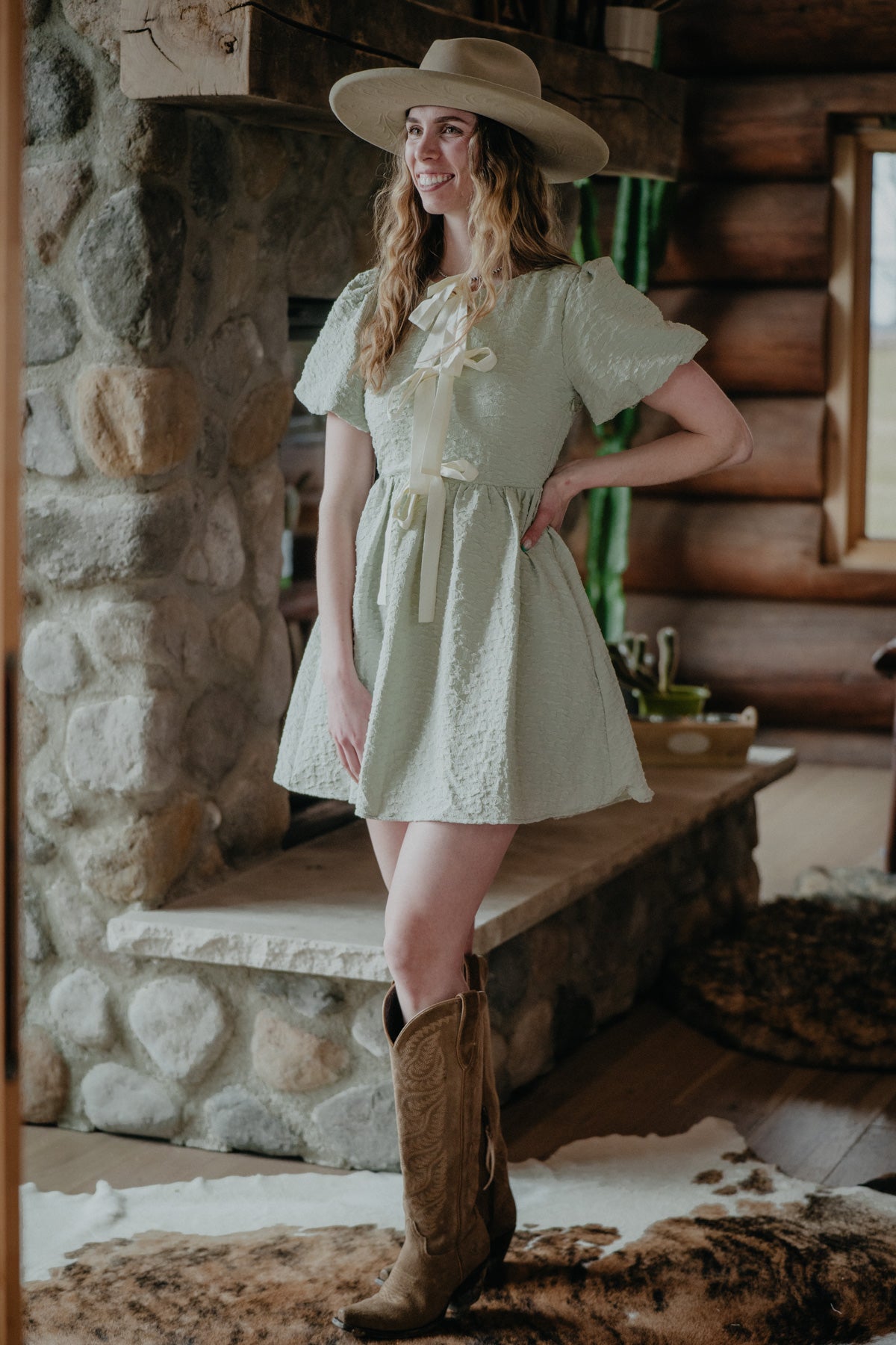 'May' Soft Sage Bow Tie Front Dress (S-L)