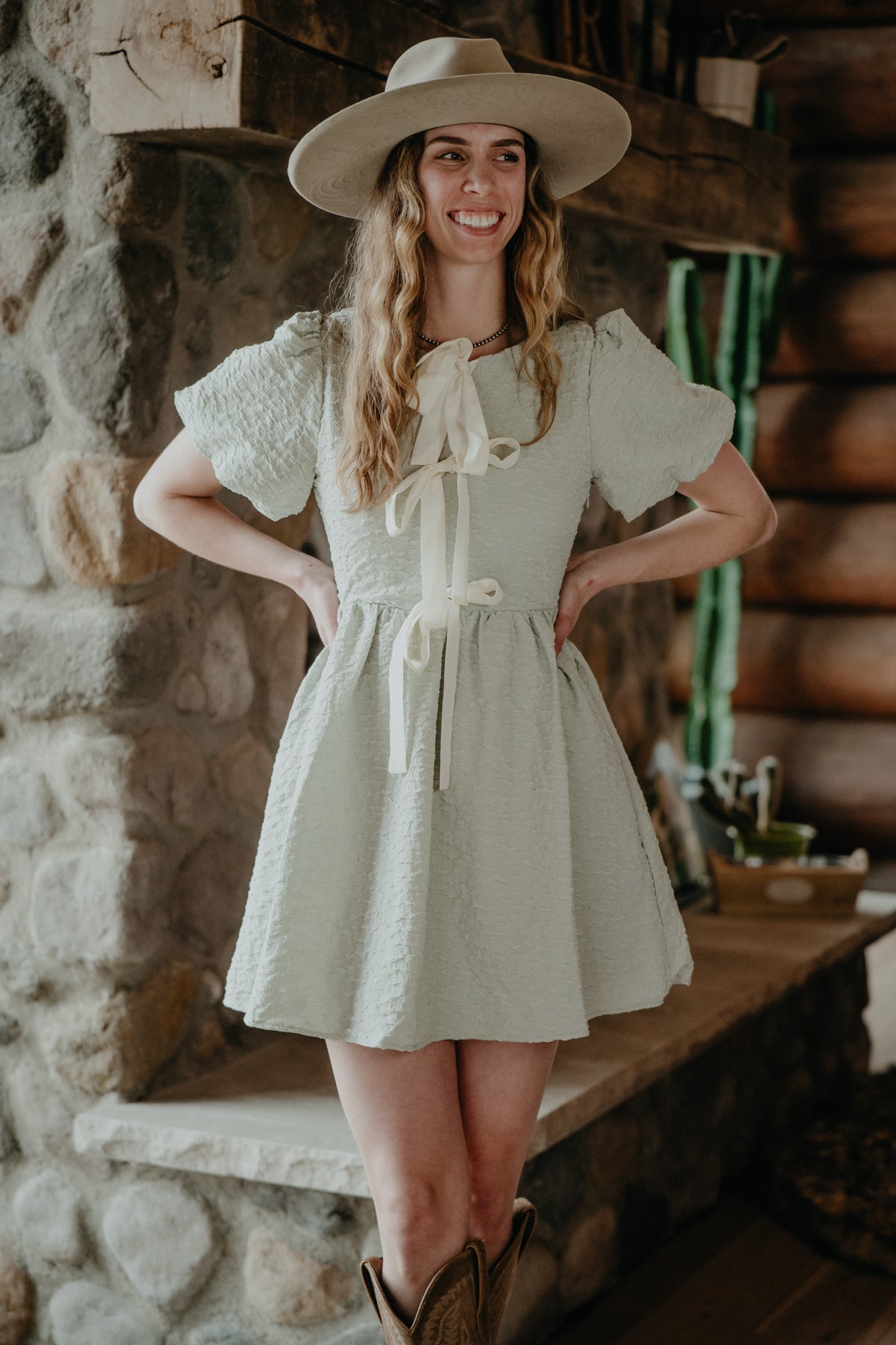 'May' Soft Sage Bow Tie Front Dress (S-L)