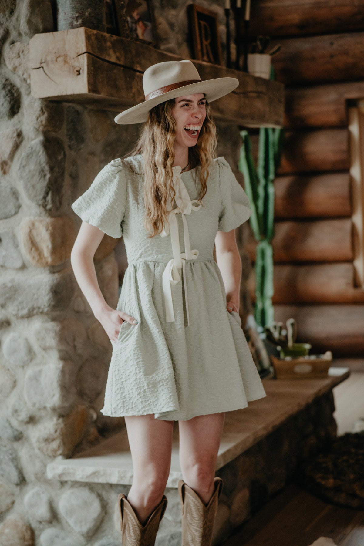 'May' Soft Sage Bow Tie Front Dress (S-L)