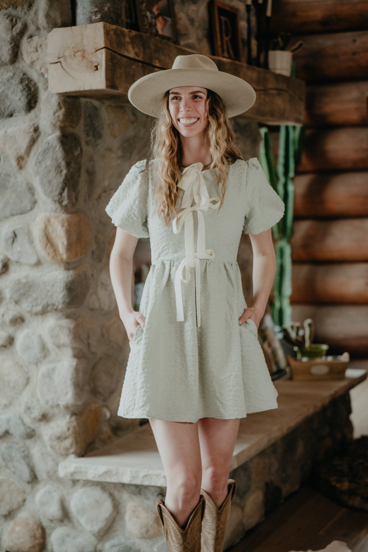 'May' Soft Sage Bow Tie Front Dress (S-L)