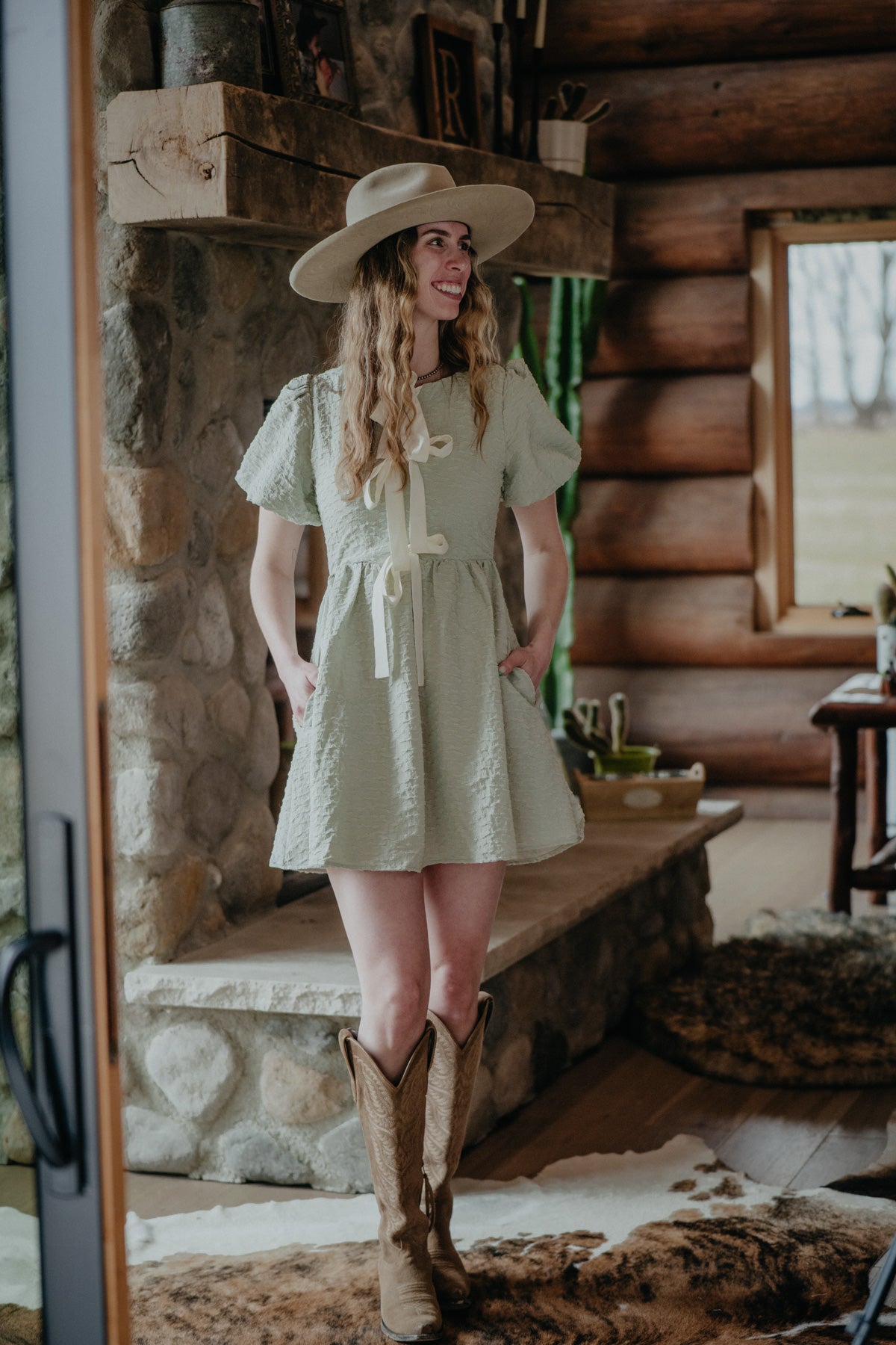 'May' Soft Sage Bow Tie Front Dress (S-L)