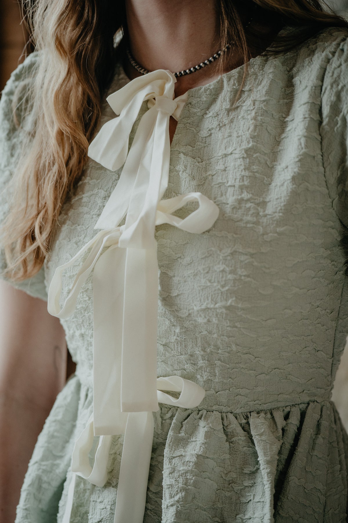 'May' Soft Sage Bow Tie Front Dress (S-L)