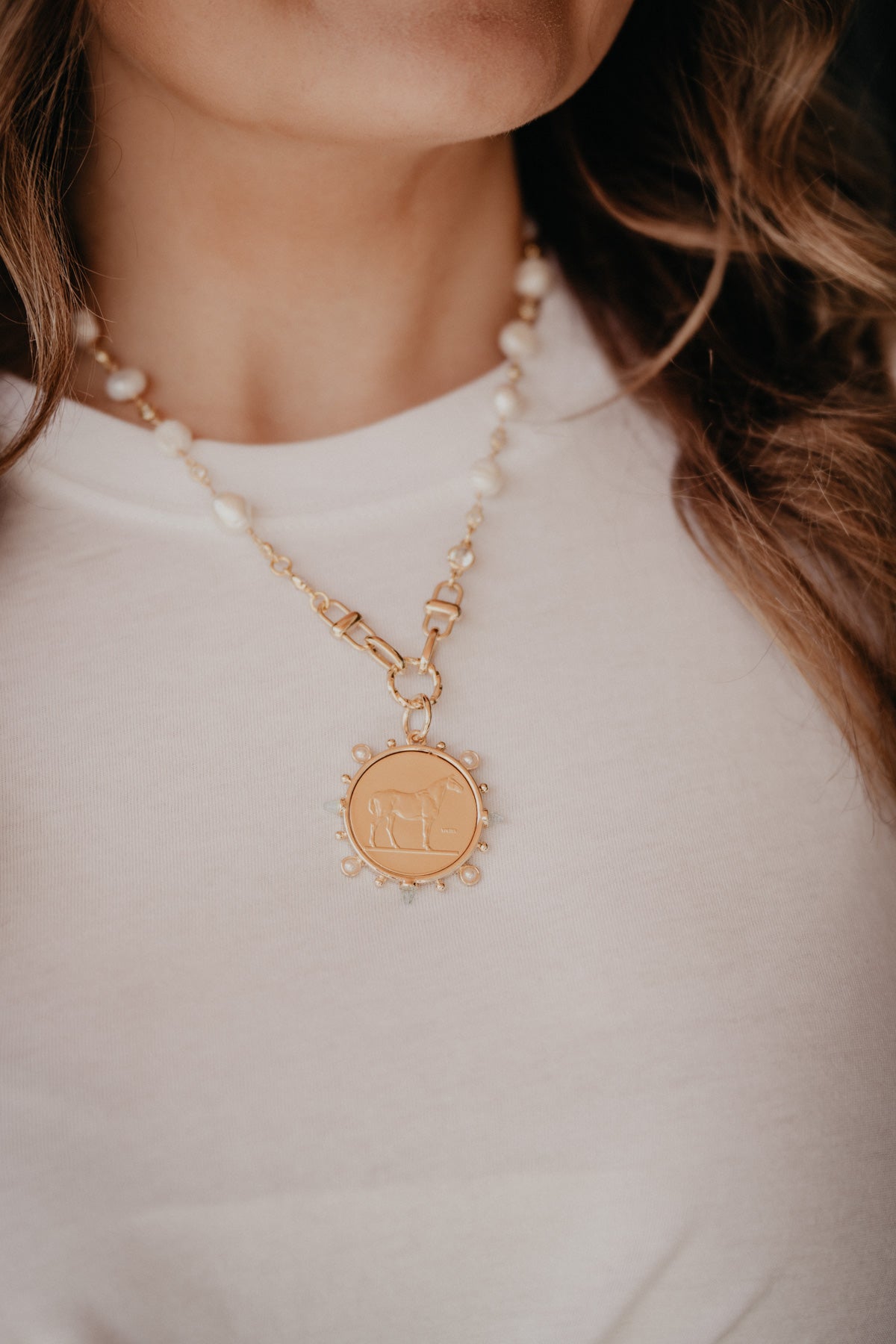 Horse Coin With Pearl Accent Necklace