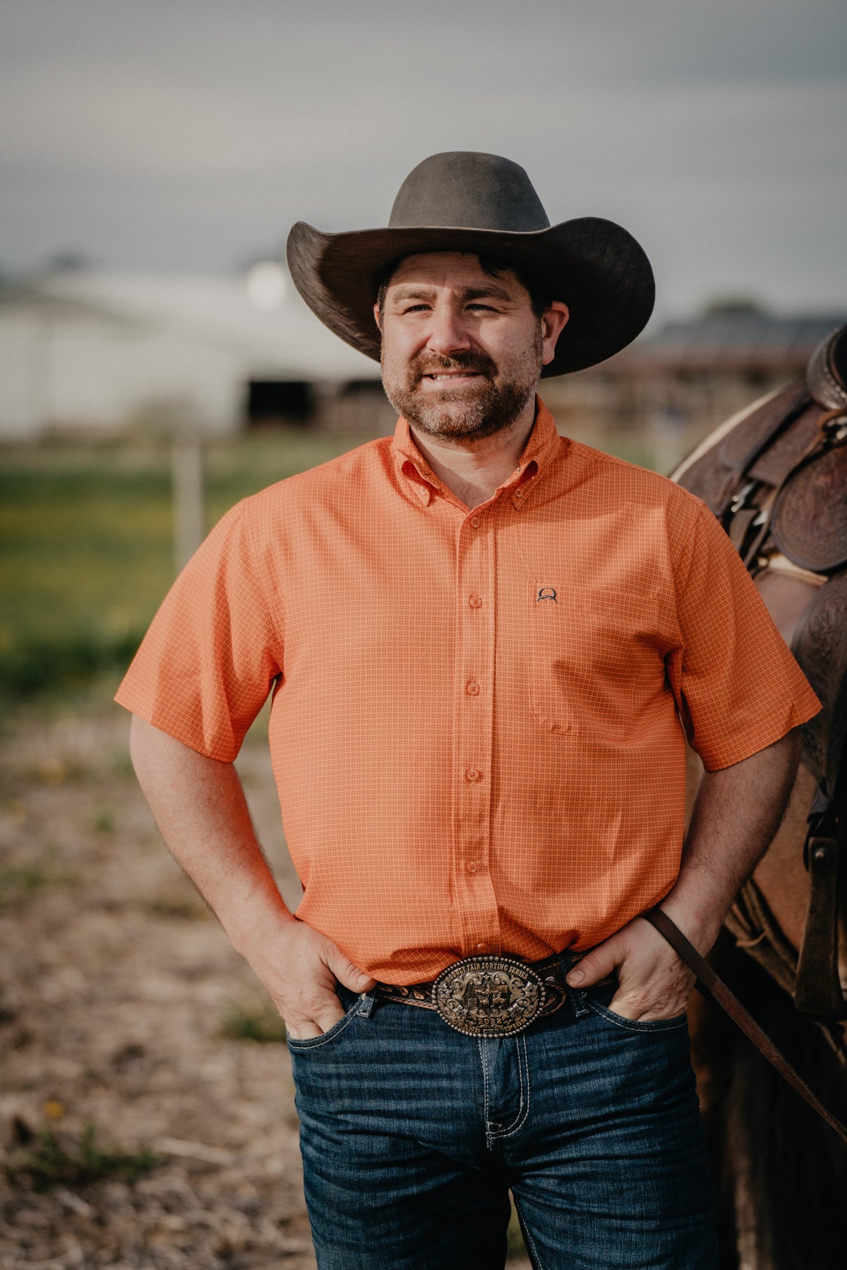 CINCH Men's Orange Arenaflex Short Sleeve Button Up