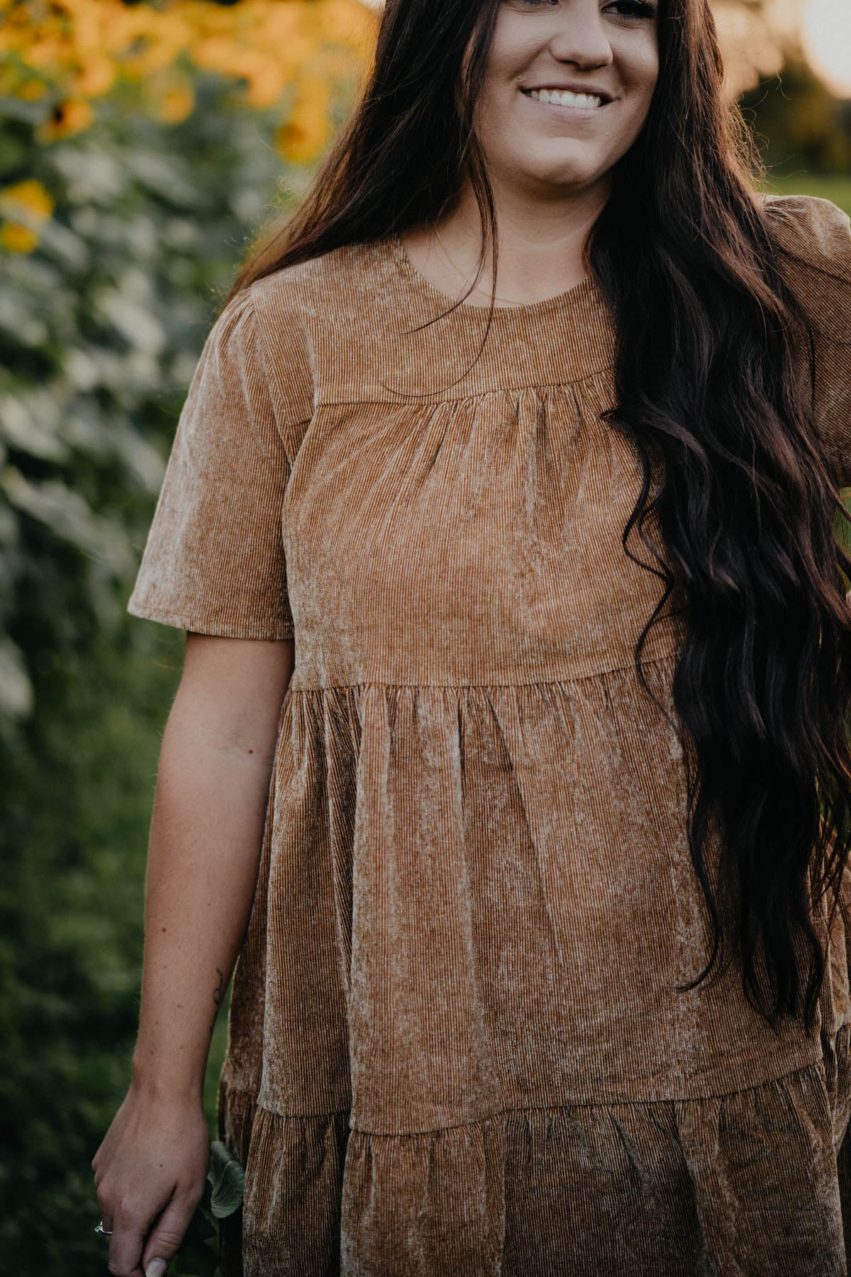 'Barren Canyon' Short Sleeve Tan Corduroy Babydoll Dress (S-L)