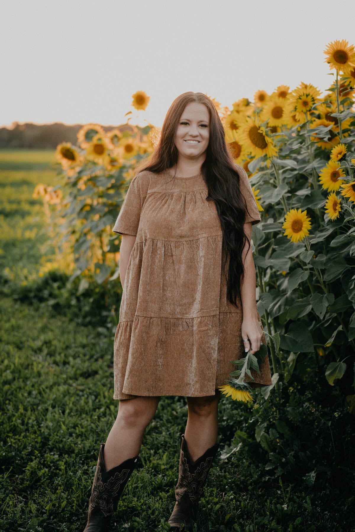 'Barren Canyon' Short Sleeve Tan Corduroy Babydoll Dress (S-L)