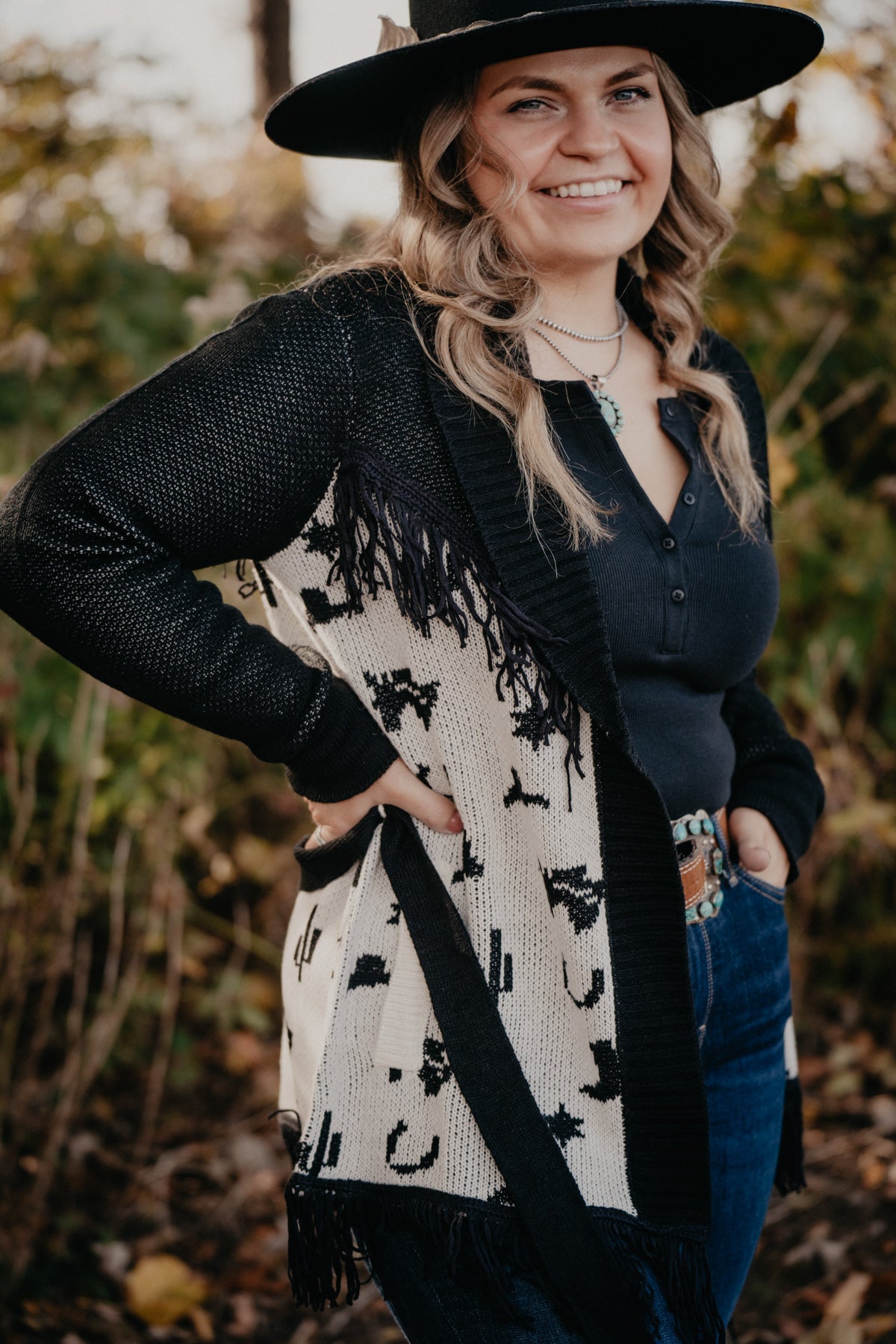 'Glacier' Black and White Rodeo Print Cardigan with Fringe (1 S ONLY)