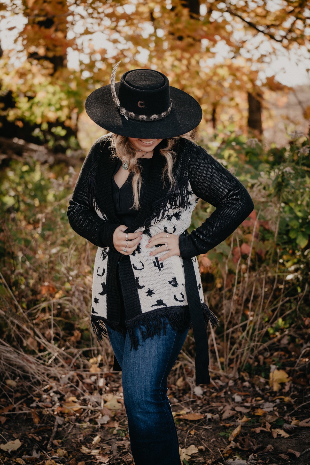 'Glacier' Black and White Rodeo Print Cardigan with Fringe (1 S ONLY)