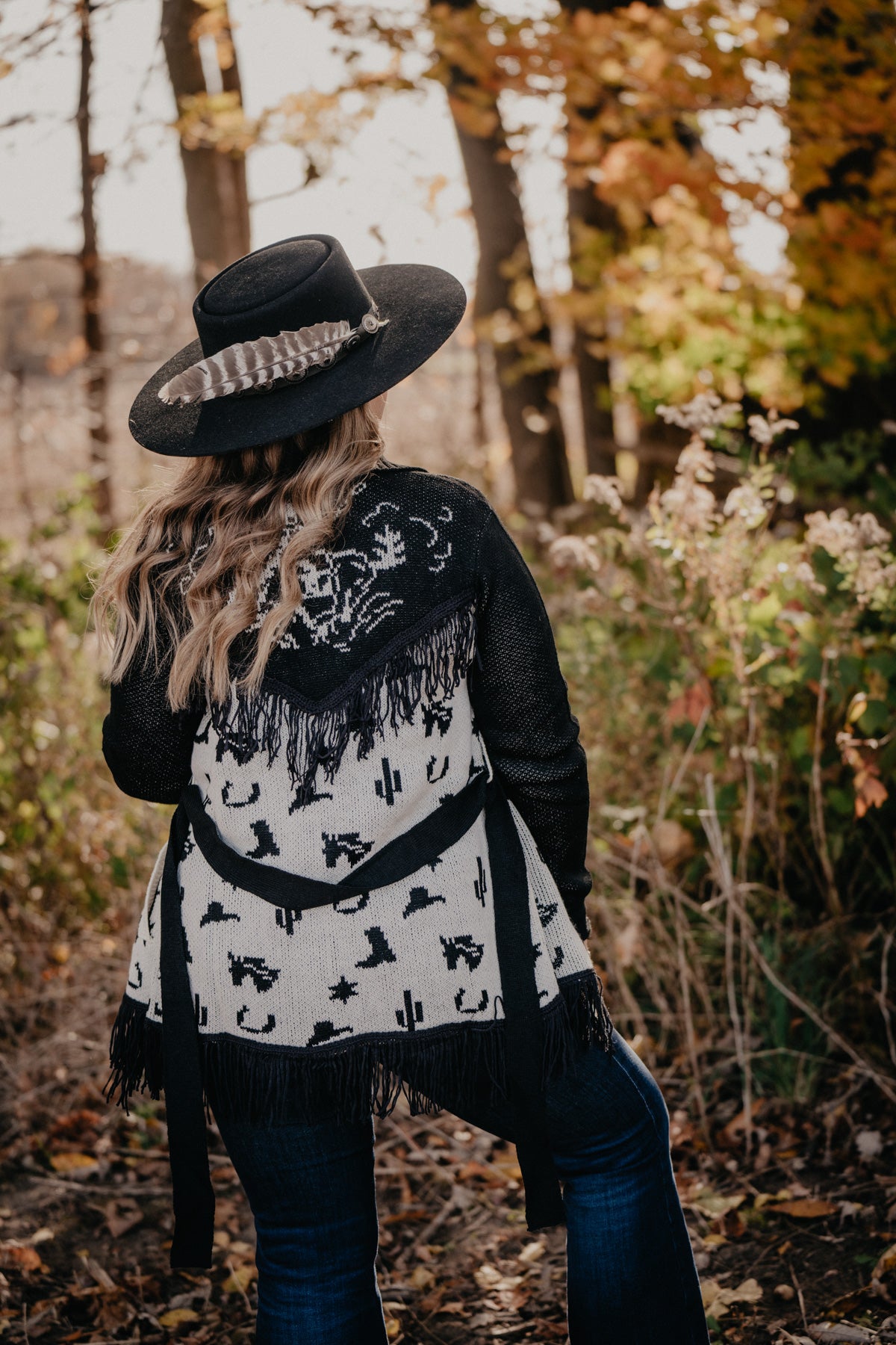 'Glacier' Black and White Rodeo Print Cardigan with Fringe (1 S ONLY)