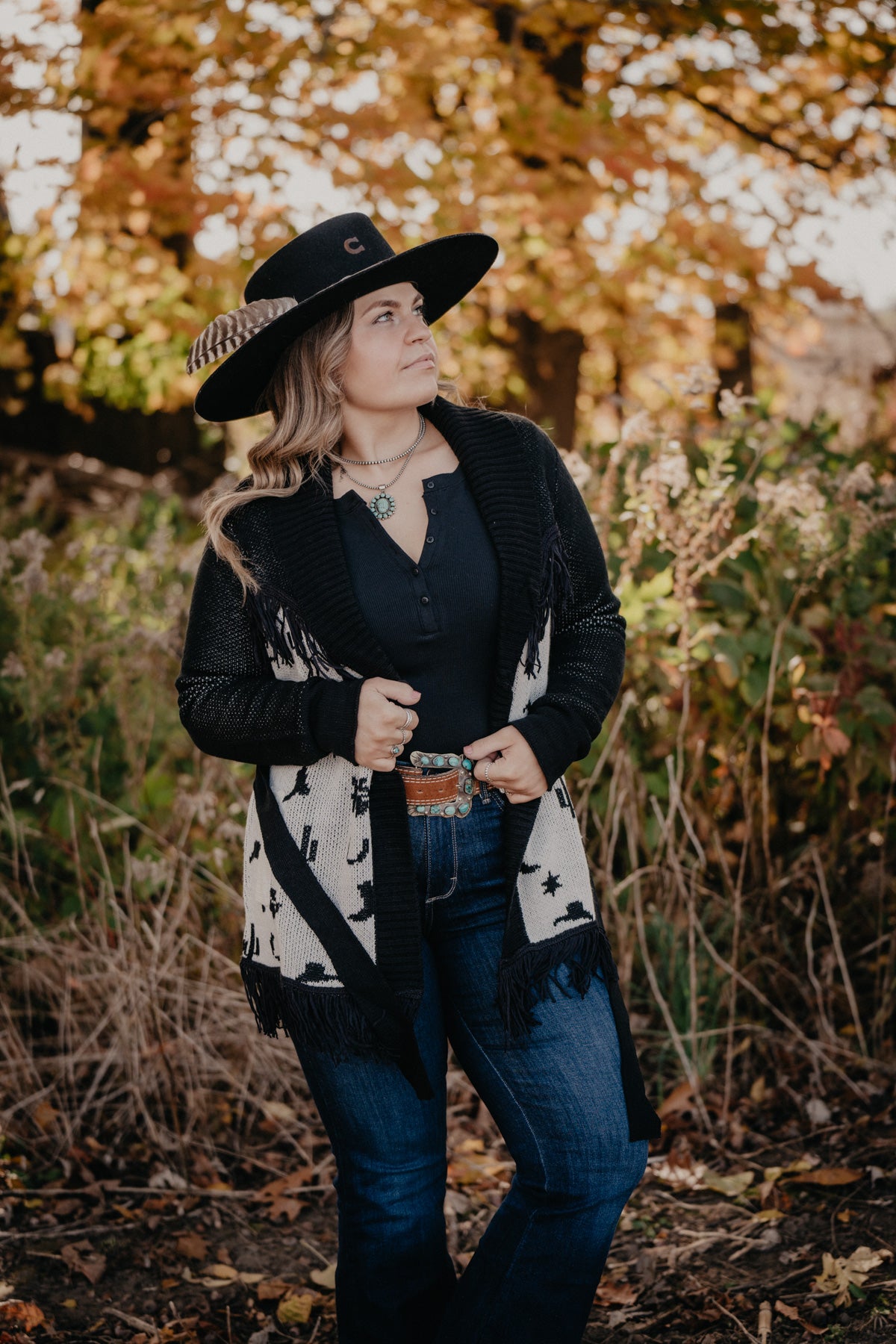'Glacier' Black and White Rodeo Print Cardigan with Fringe (1 S ONLY)