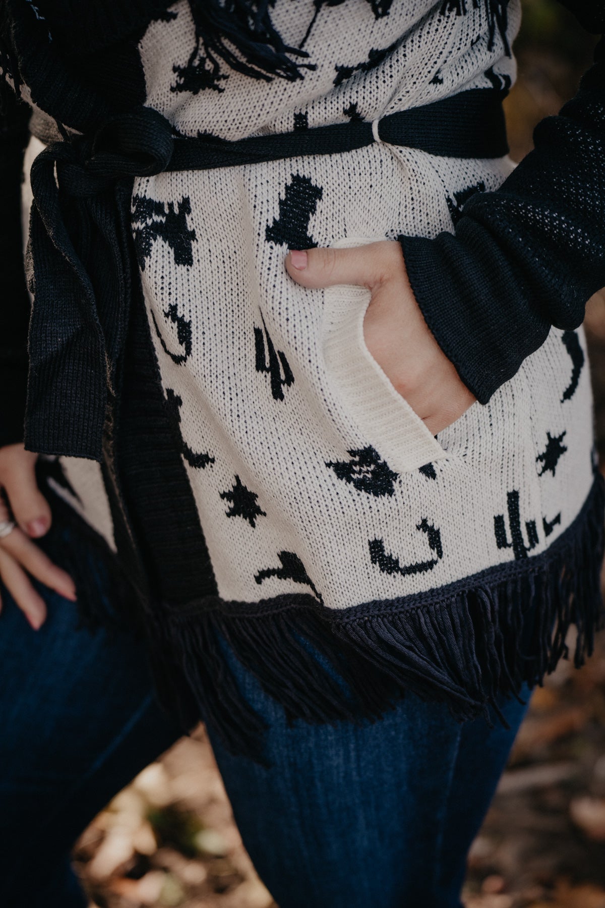 'Glacier' Black and White Rodeo Print Cardigan with Fringe (1 S ONLY)