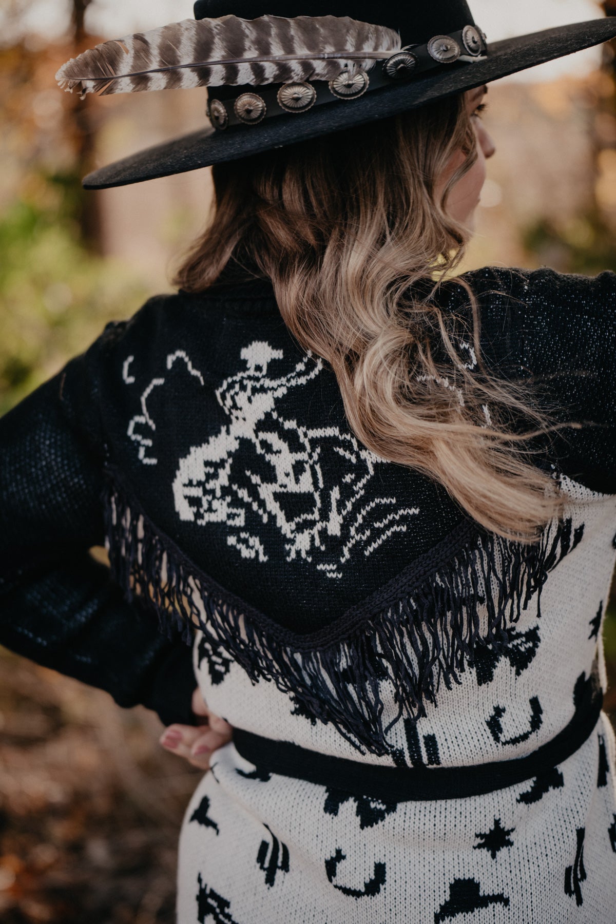 'Glacier' Black and White Rodeo Print Cardigan with Fringe (1 S ONLY)