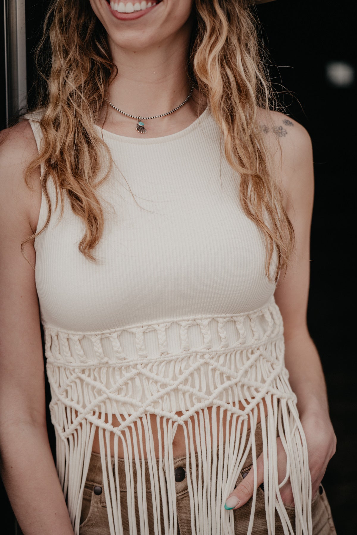 ‘Tasha’ White Fringe Macrame Tank Top (XS-XXL)