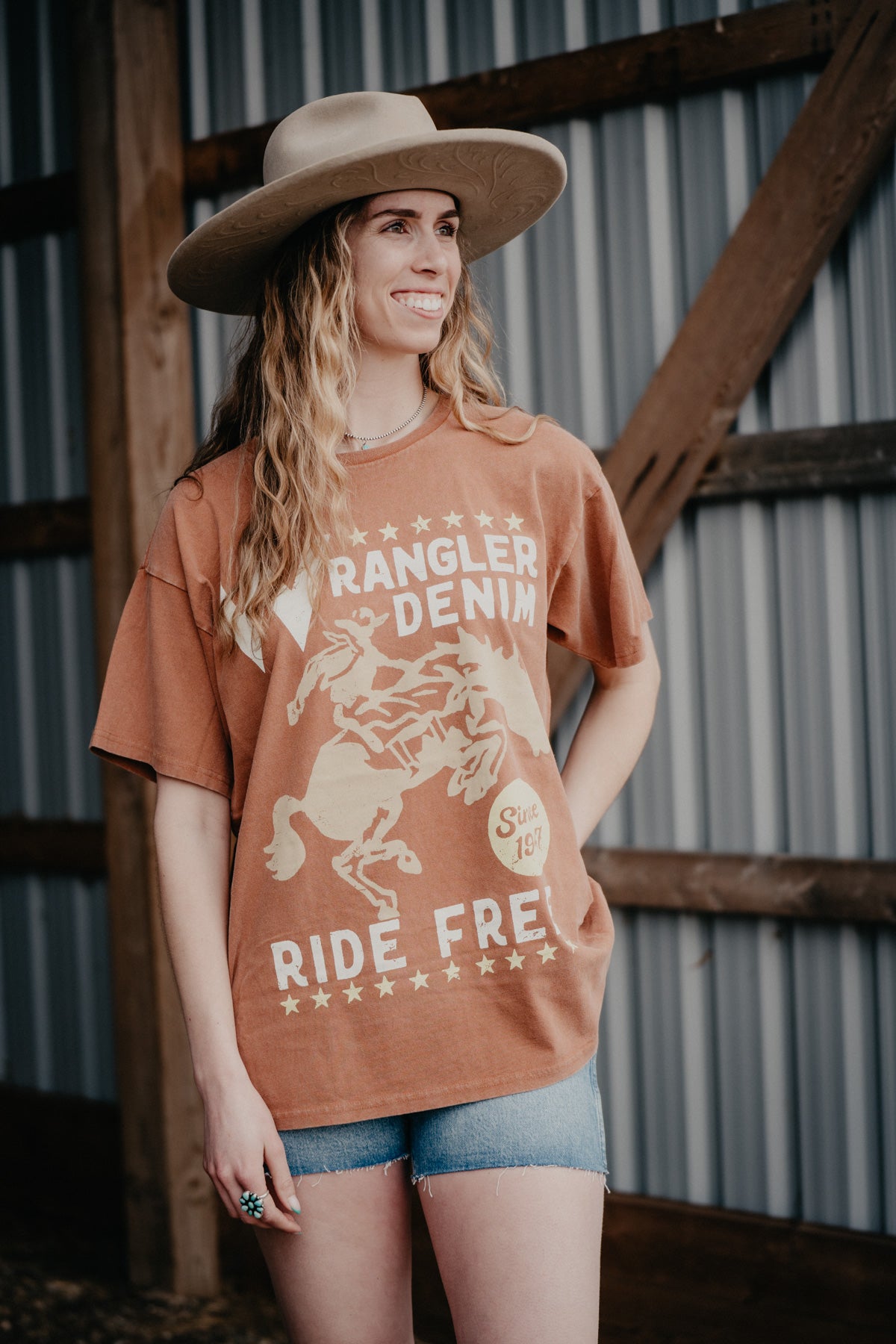 'Ride Free' Wrangler Women's Burnt Orange Oversized Tee (S - XXL)