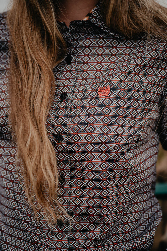 ‘Spur’ Women's CINCH Orange Southwestern Print Long Sleeve Button Up (XS only )