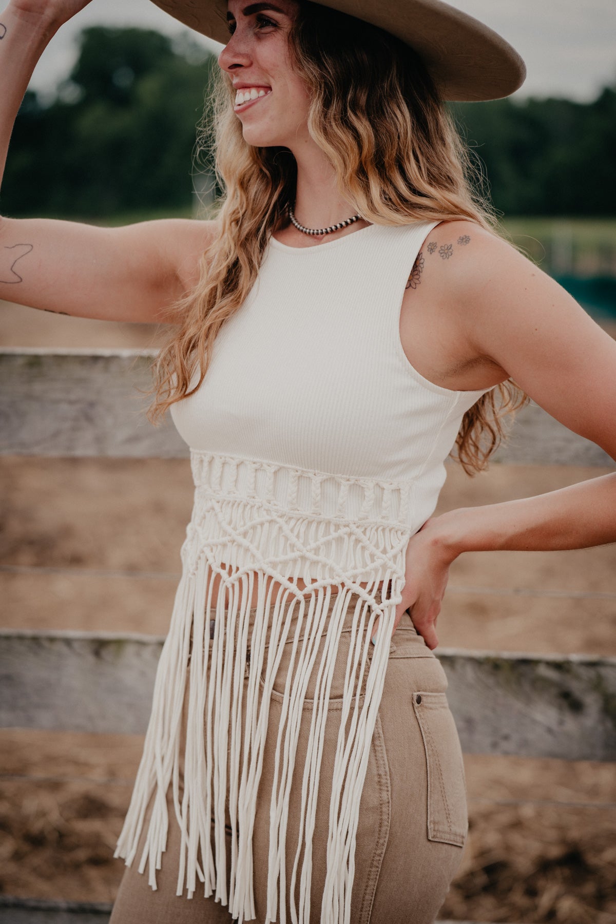 ‘Tasha’ White Fringe Macrame Tank Top (M & L Only)