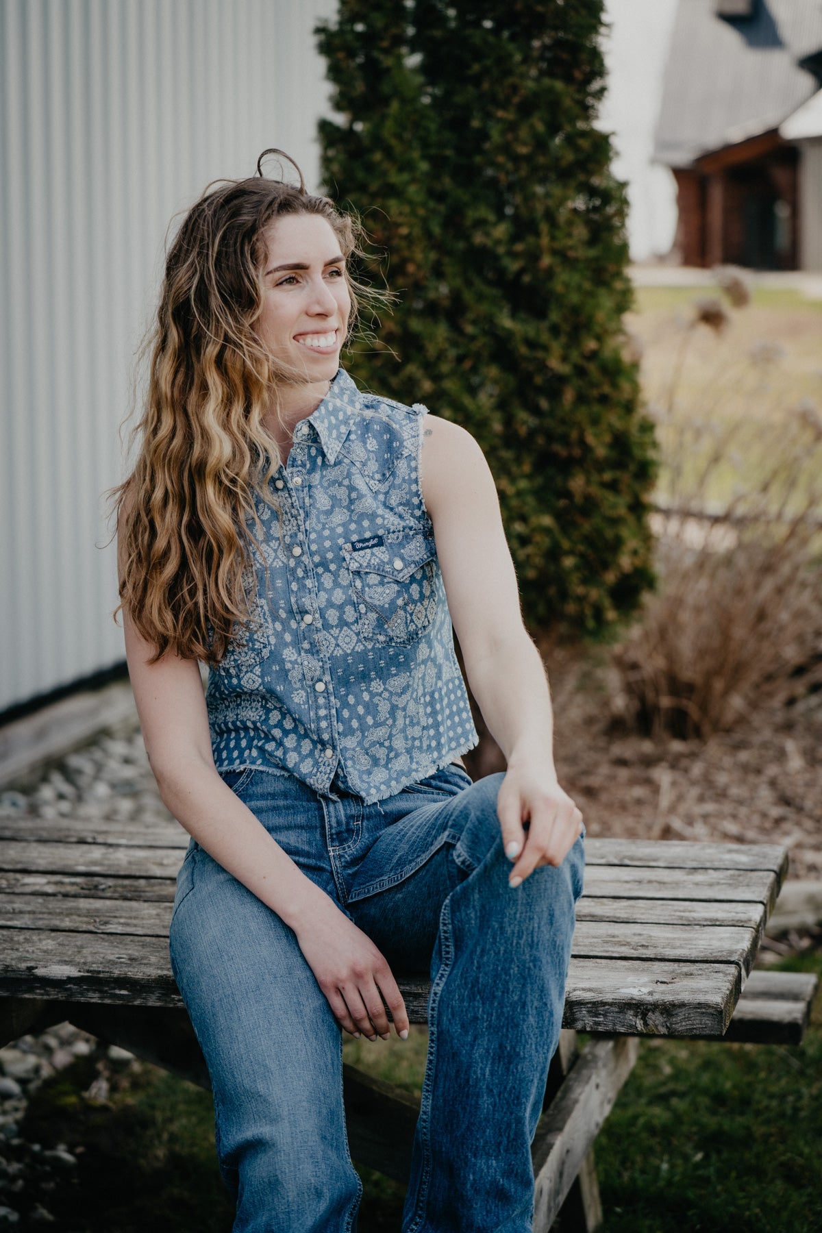 'Myles' Denim Bandana Sleeveless Cropped Pearl Snap (S-XXL)