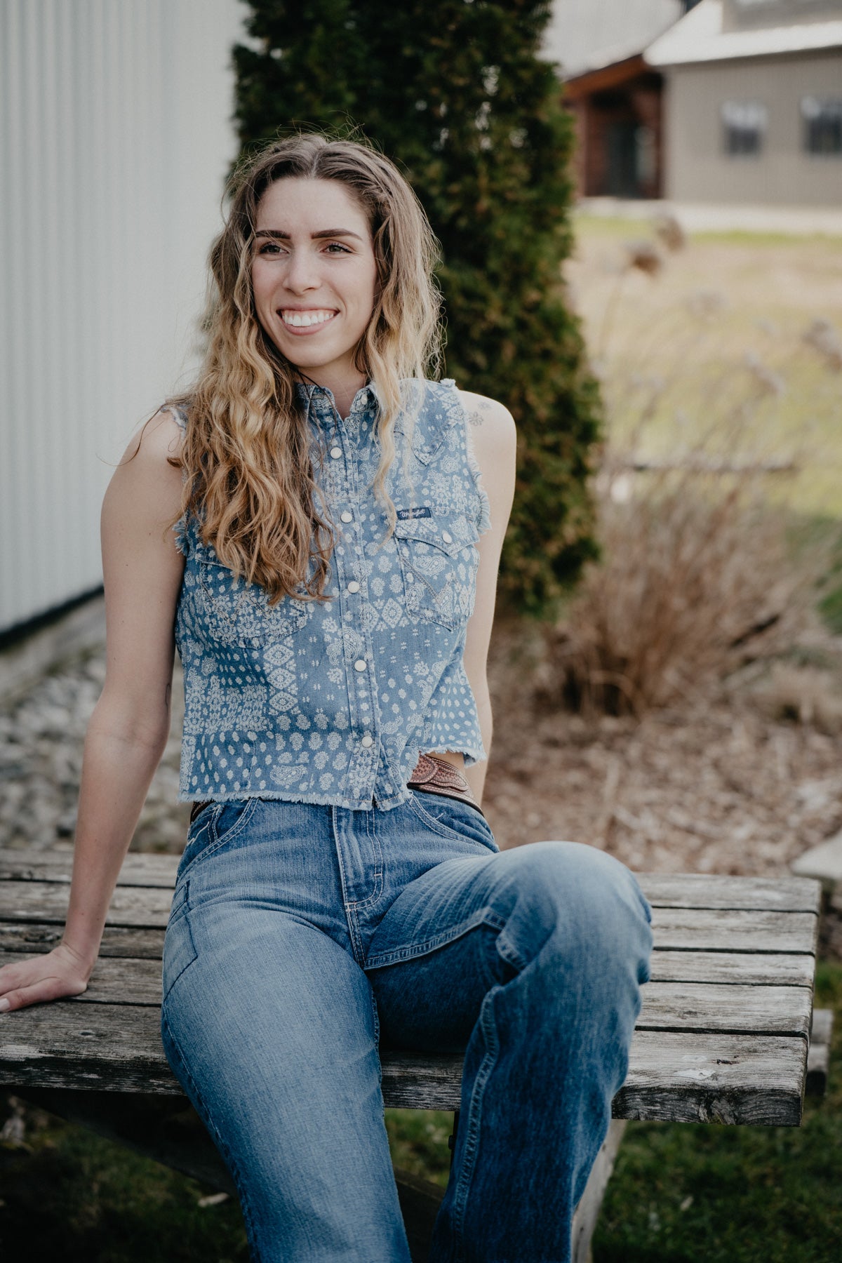 'Myles' Denim Bandana Sleeveless Cropped Pearl Snap (S-XXL)