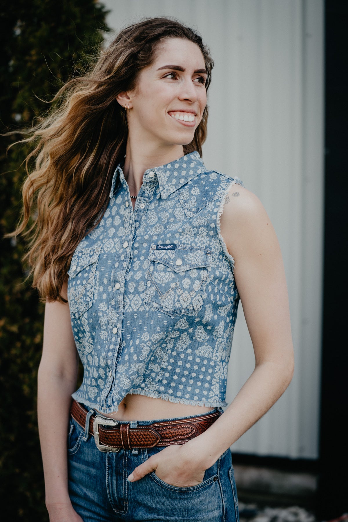 'Myles' Denim Bandana Sleeveless Cropped Pearl Snap (S-XXL)