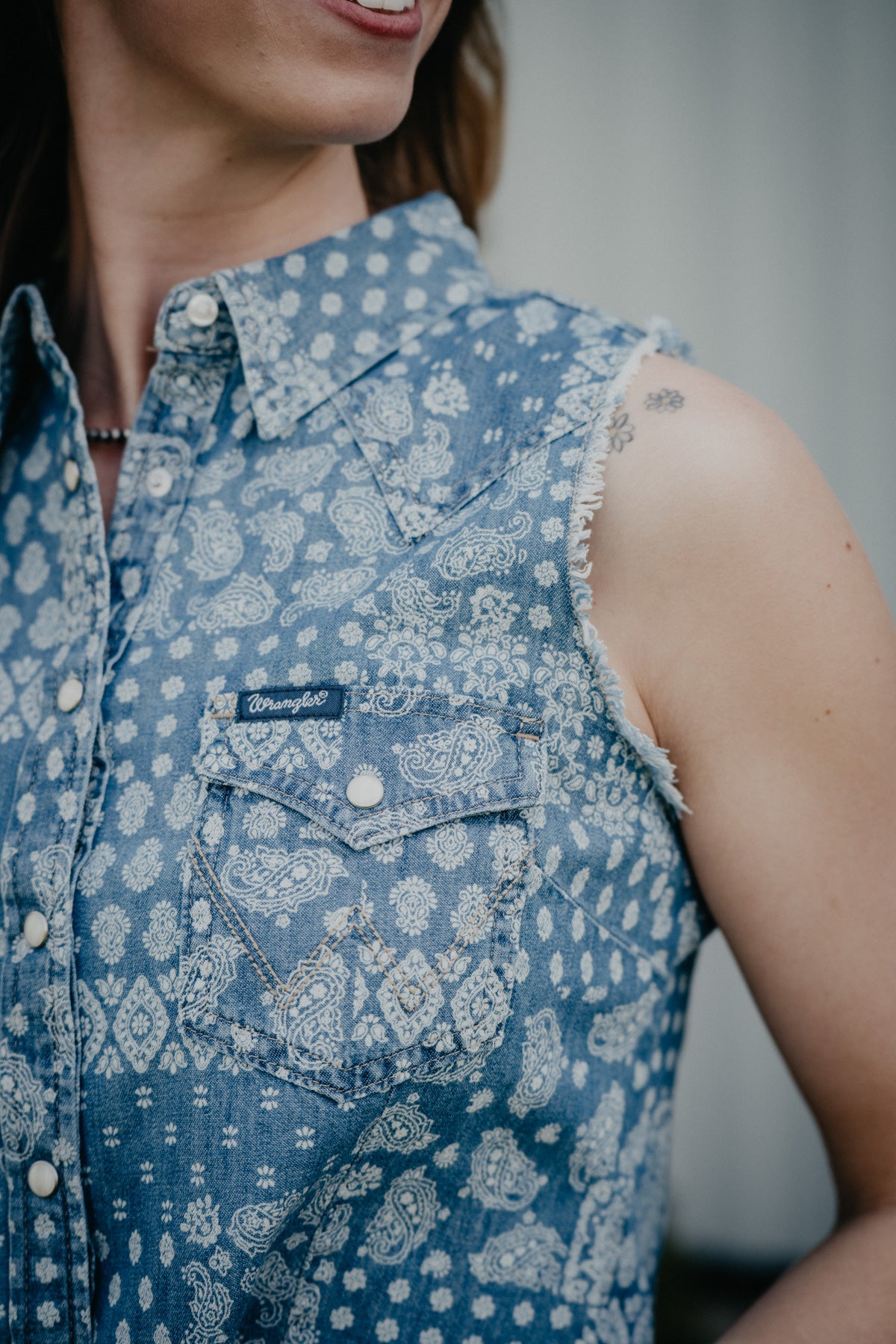'Myles' Denim Bandana Sleeveless Cropped Pearl Snap (S-XXL)
