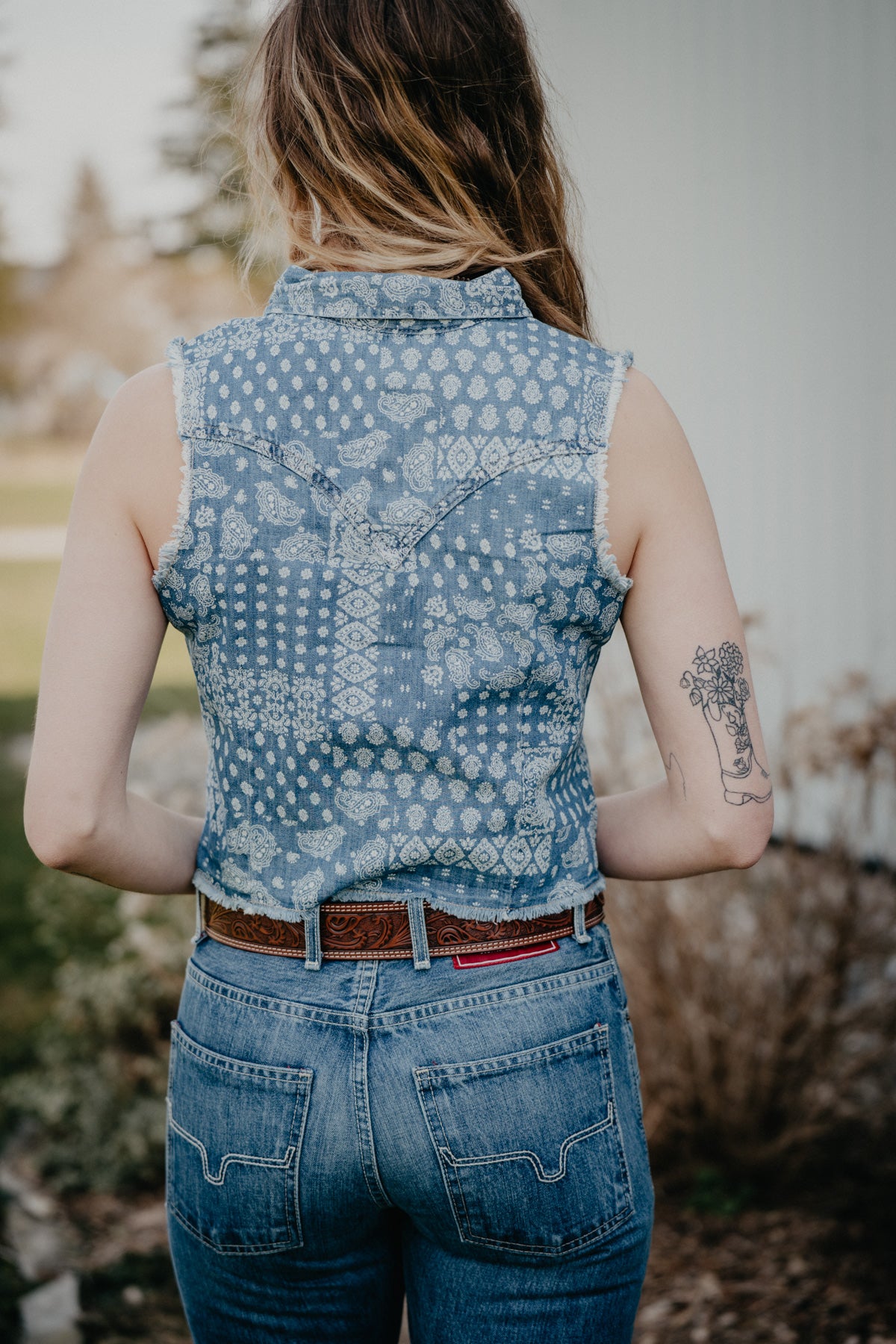 'Myles' Denim Bandana Sleeveless Cropped Pearl Snap (S-XXL)