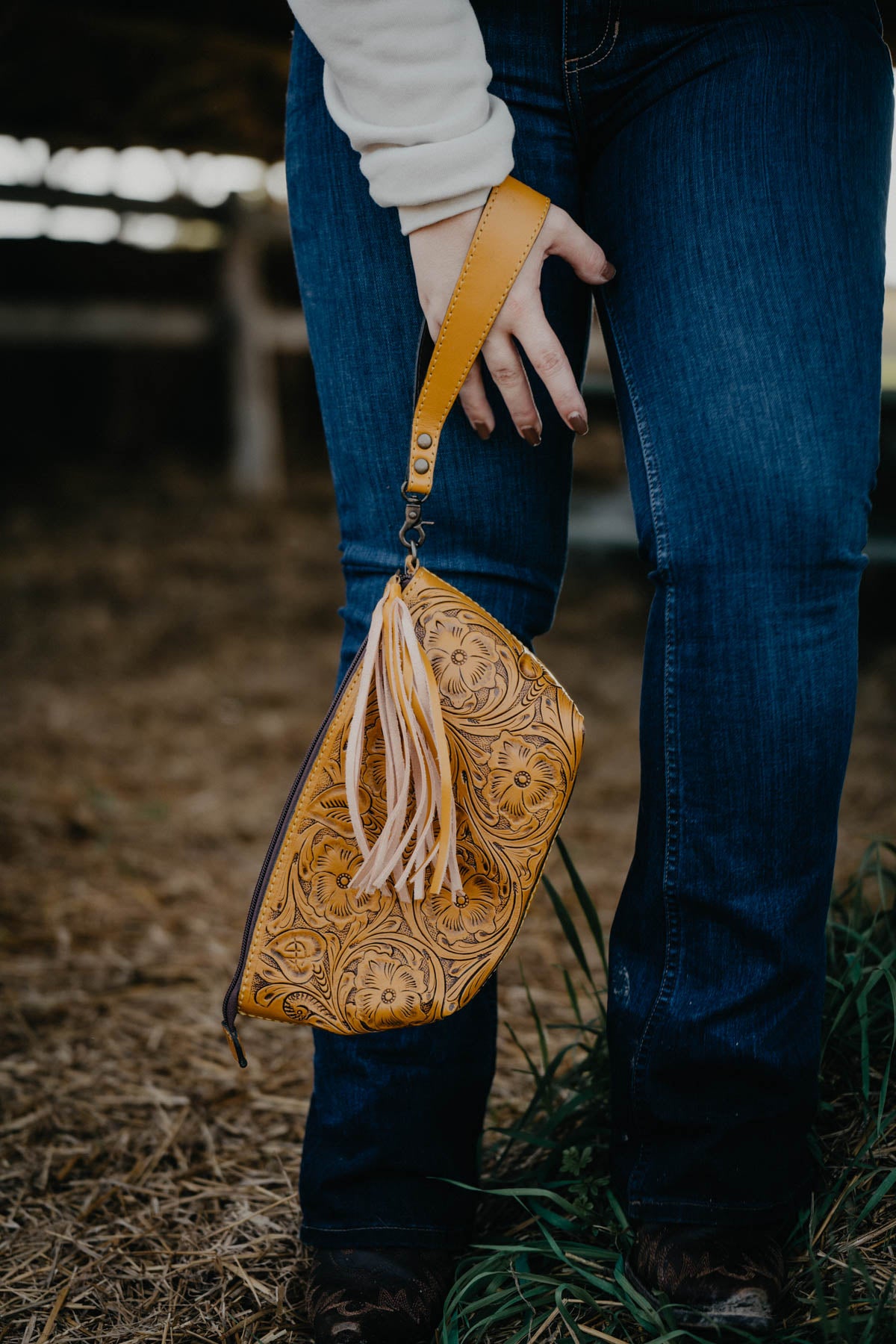 Mustard Tooled Leather Clutch with Fringe Tassel