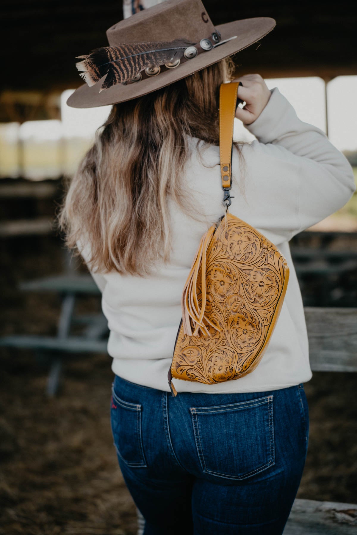 Mustard Tooled Leather Clutch with Fringe Tassel