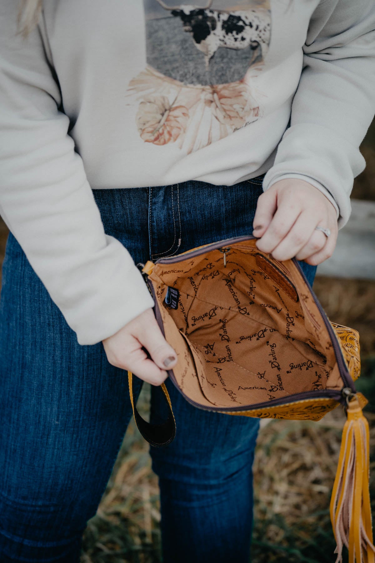 Mustard Tooled Leather Clutch with Fringe Tassel