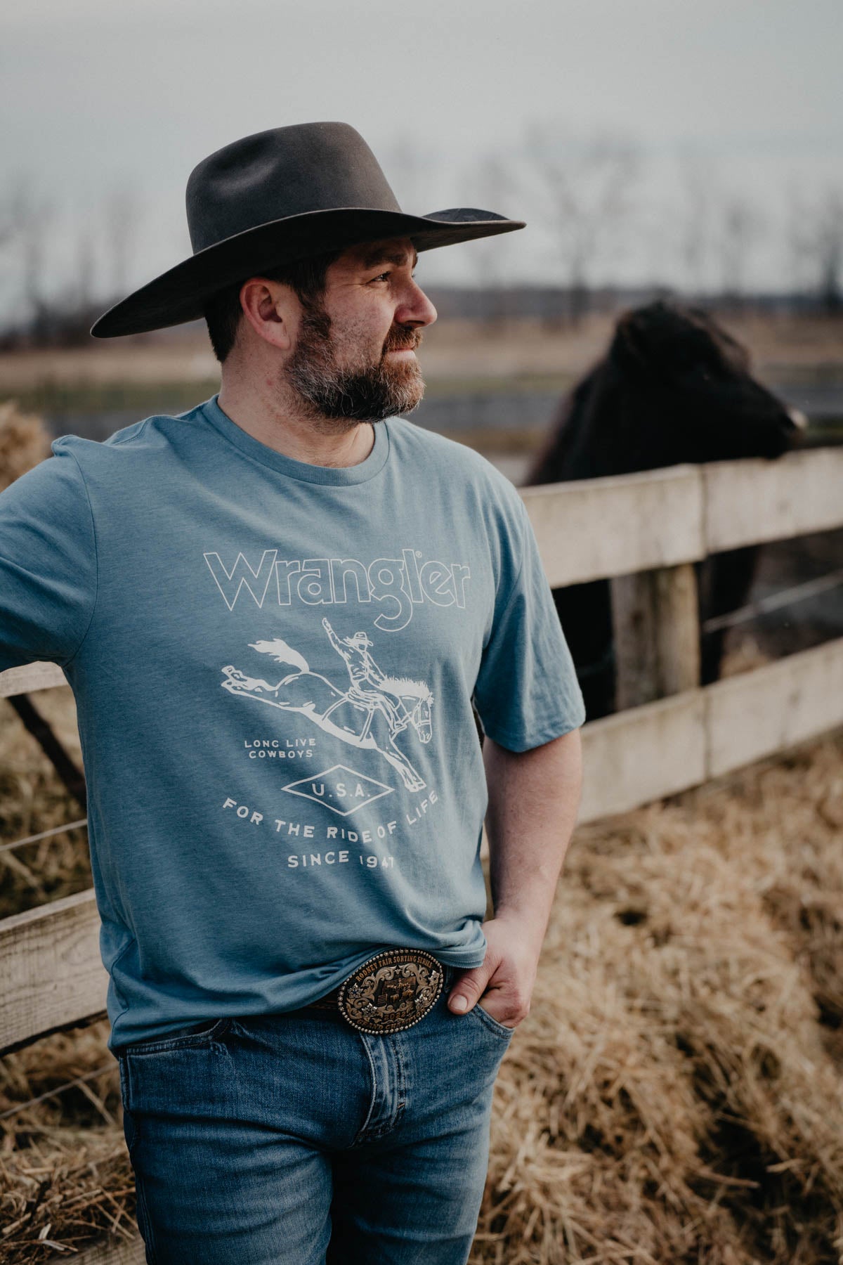 Men's Blue Cowboy Ride Wrangler T-shirt (S-XXL)