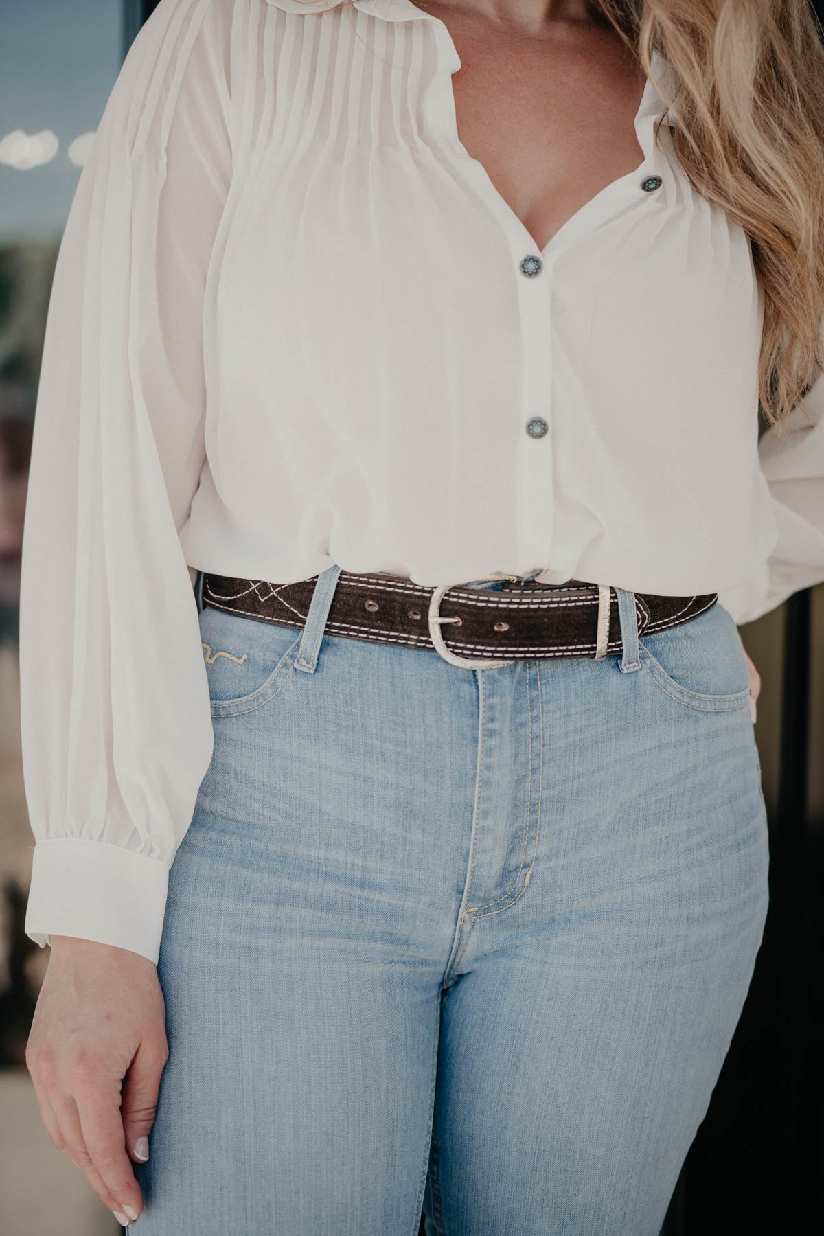 Chocolate Brown Suede Figure 8 Belt by Double J (1 1/2")