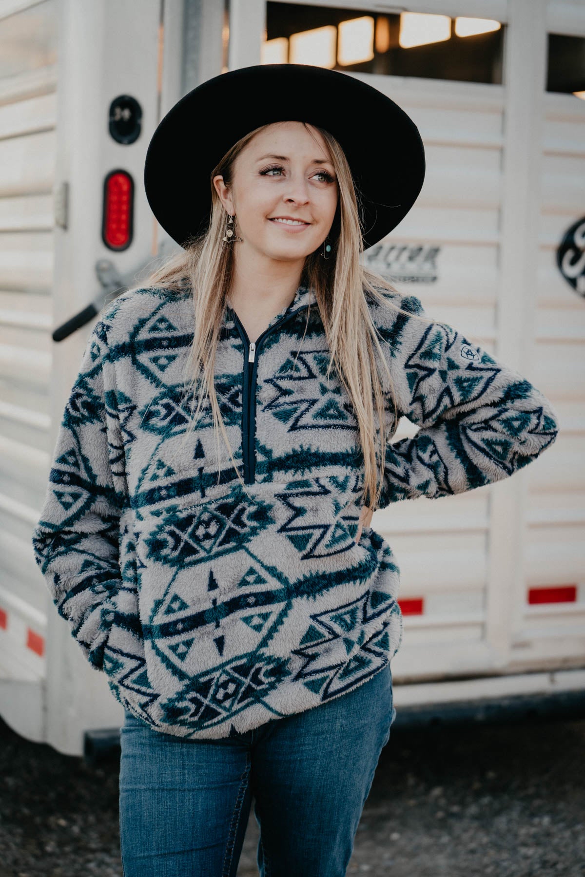 'Athabasca' Women's Ariat Grey Aztec 1/4 Zip Hooded Berber Pullover (XS - XXL)