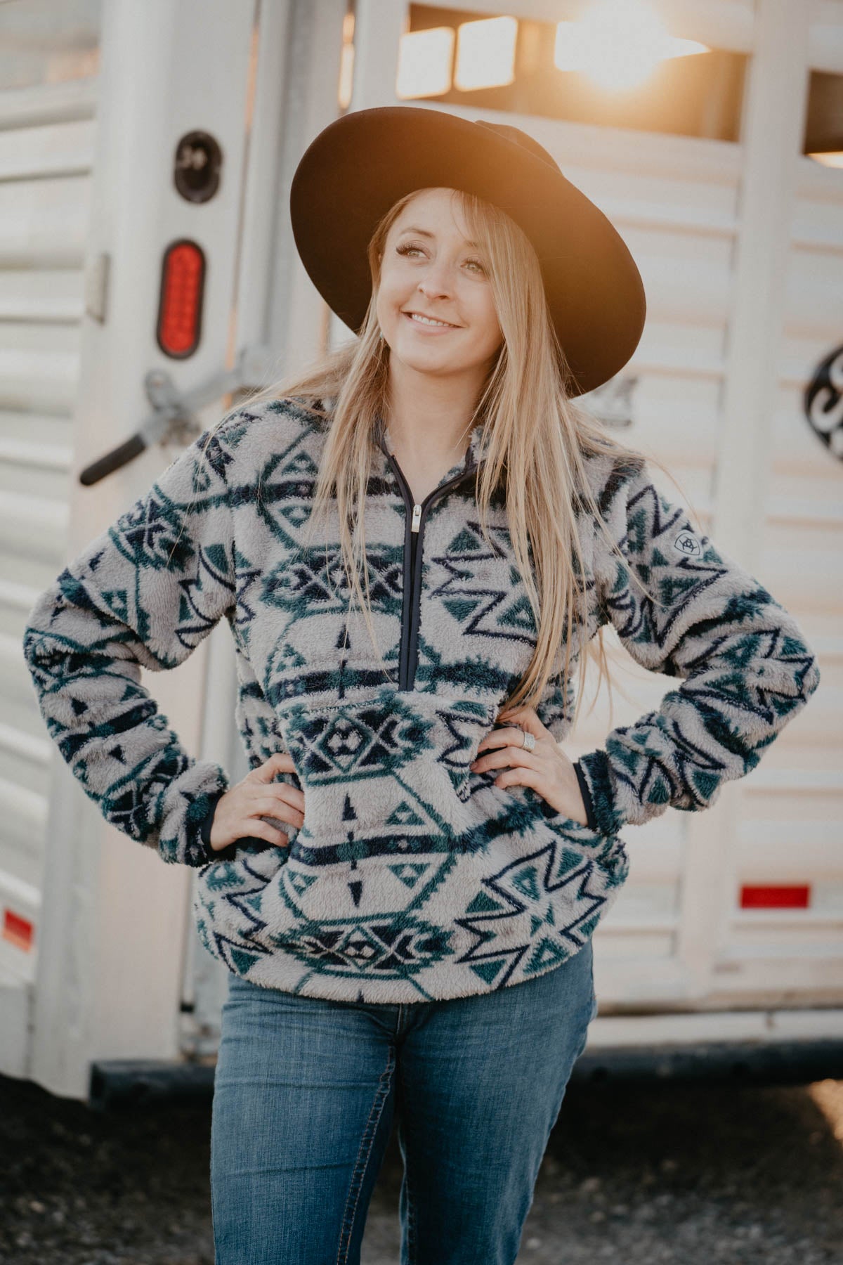 'Athabasca' Women's Ariat Grey Aztec 1/4 Zip Hooded Berber Pullover (XS - XXL)