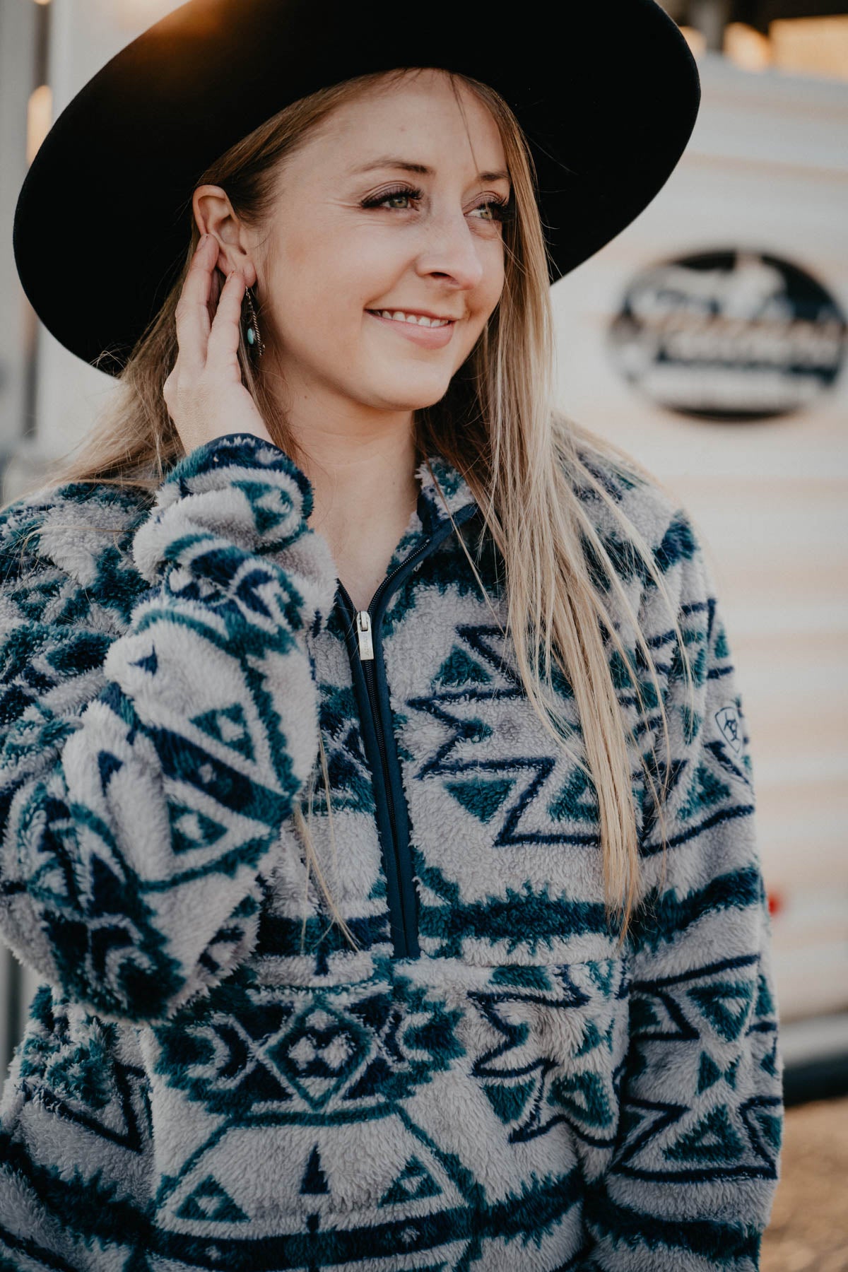 'Athabasca' Women's Ariat Grey Aztec 1/4 Zip Hooded Berber Pullover (XS - XXL)