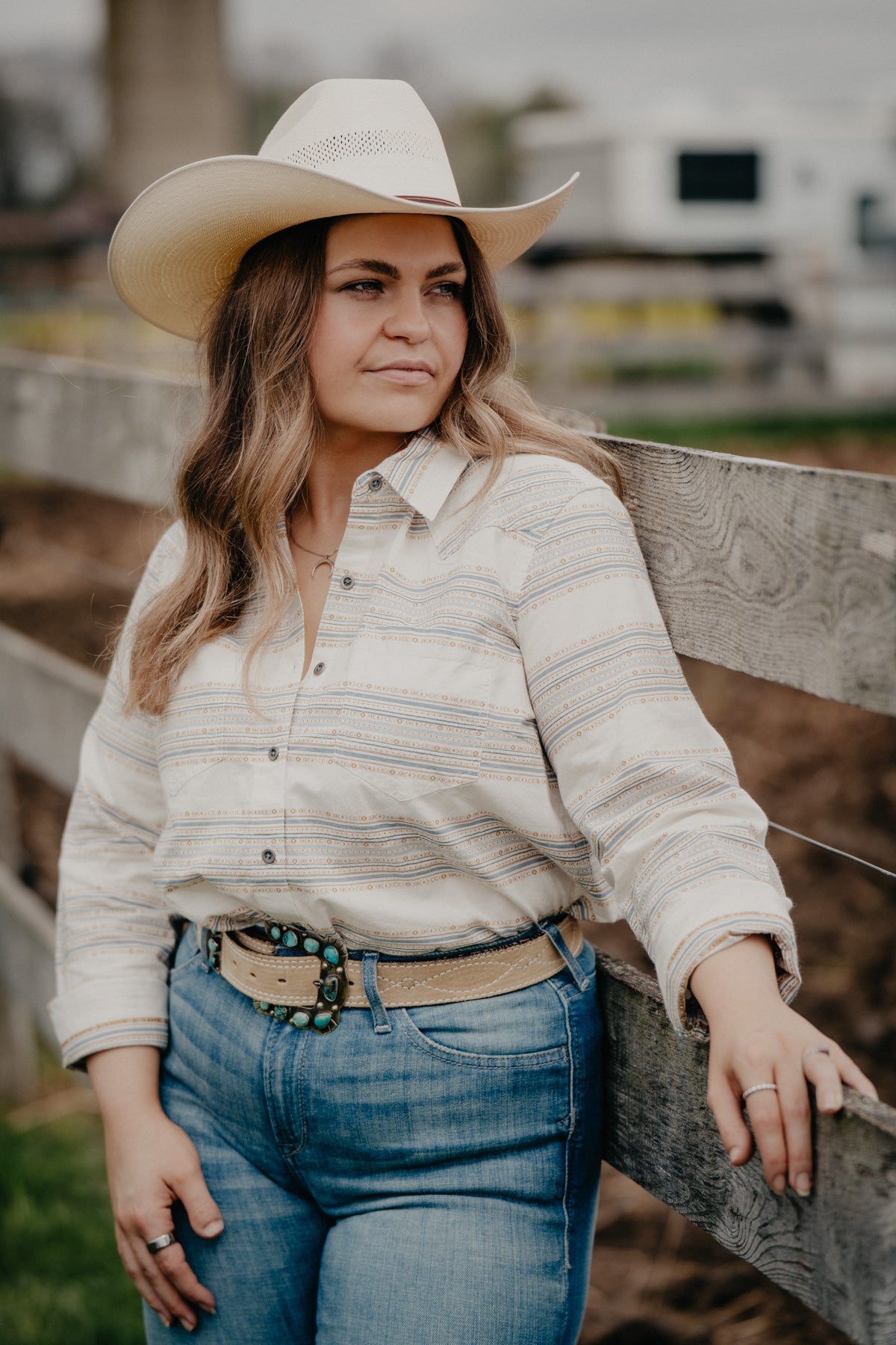 ‘Billie Jean’ Women's Ariat Blue & Mustard Jacquard Long Sleeve Shirt