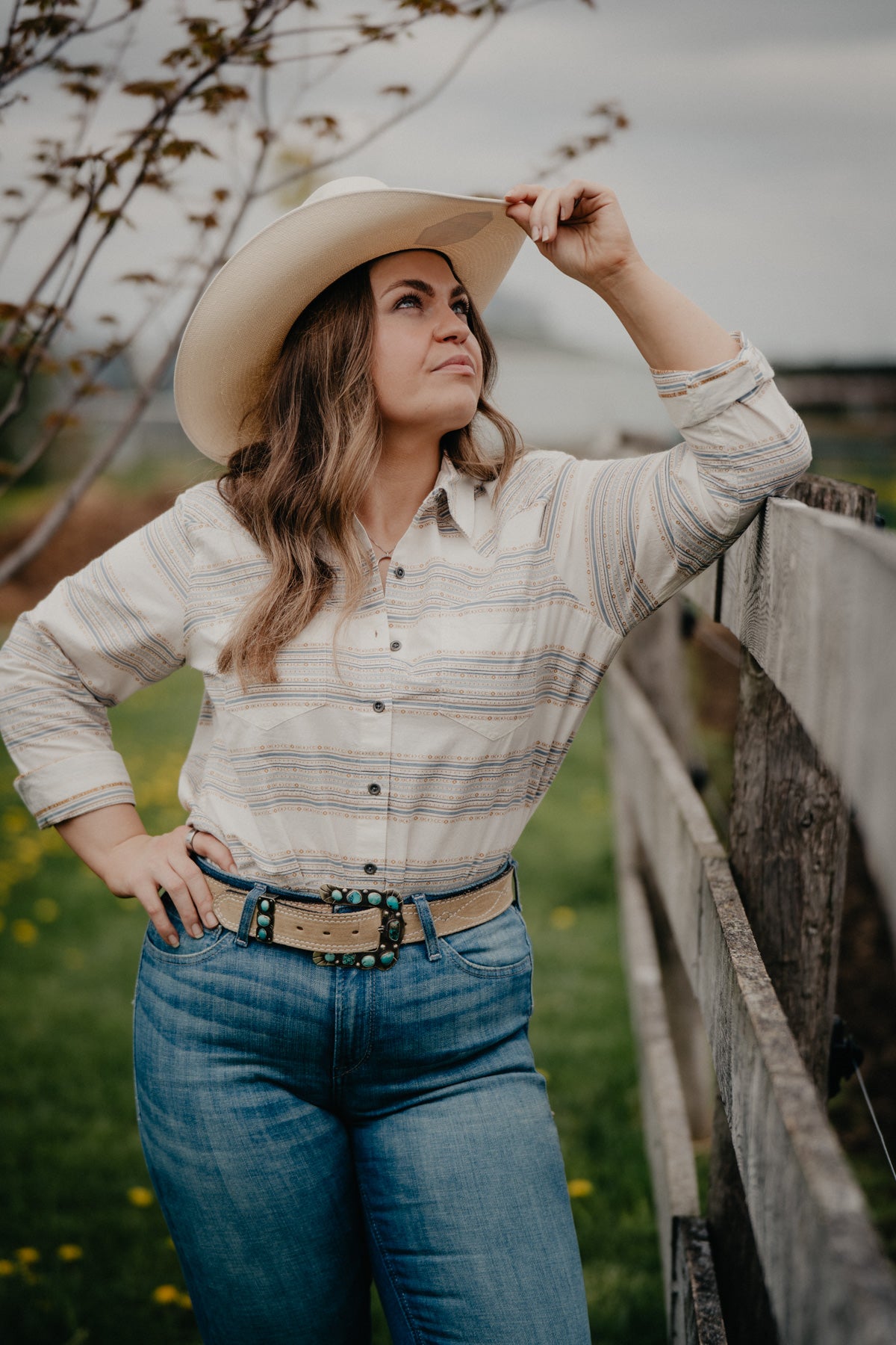 ‘Billie Jean’ Women's Ariat Blue & Mustard Jacquard Long Sleeve Shirt