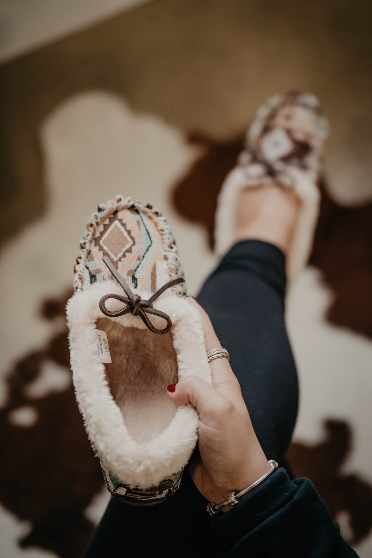 Ladies Teal & Tan Aztec Print Moccasin with Faux Fur Trim