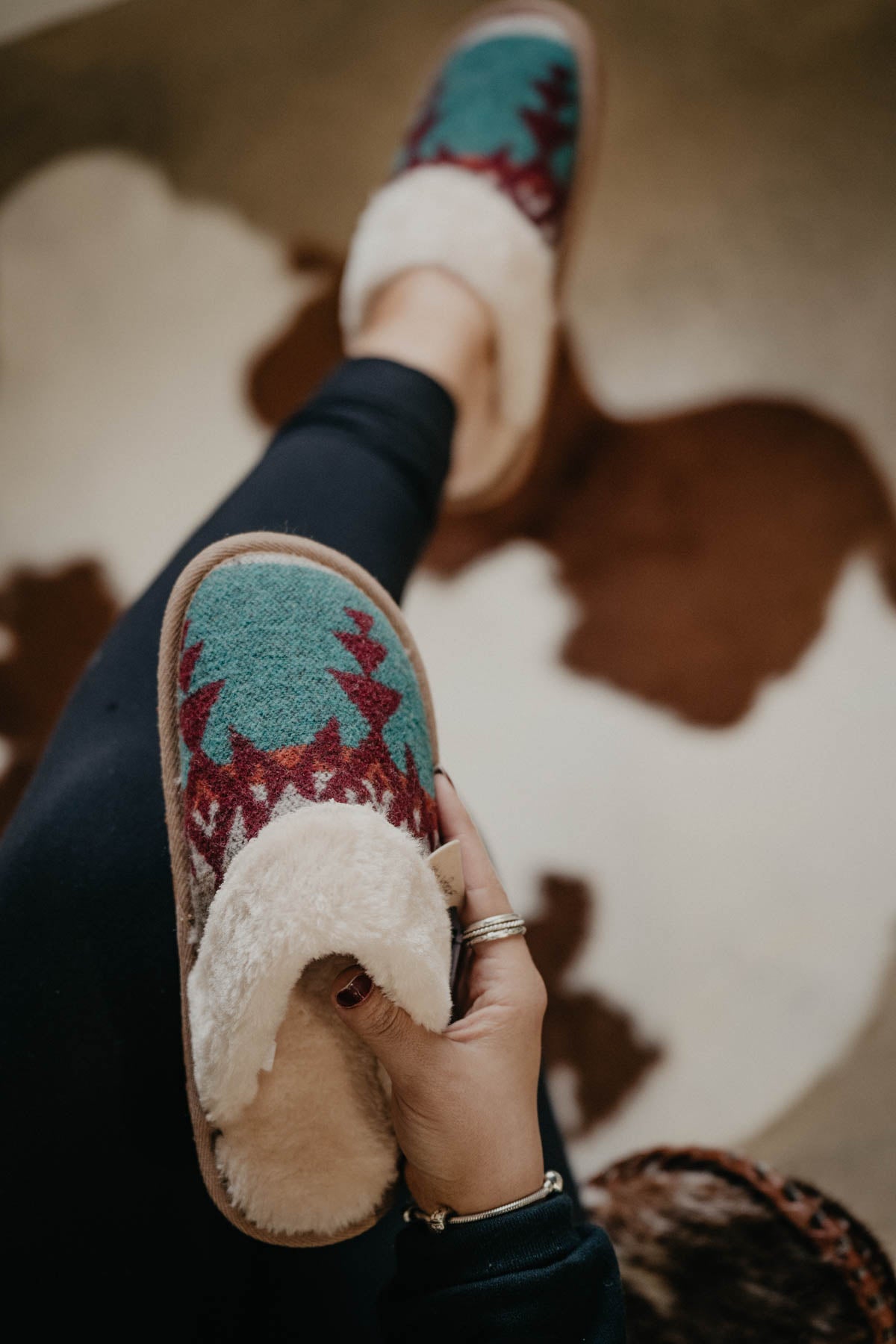 Ladies Burgundy & Teal Aztec Slide Slippers with Faux Fur Trim
