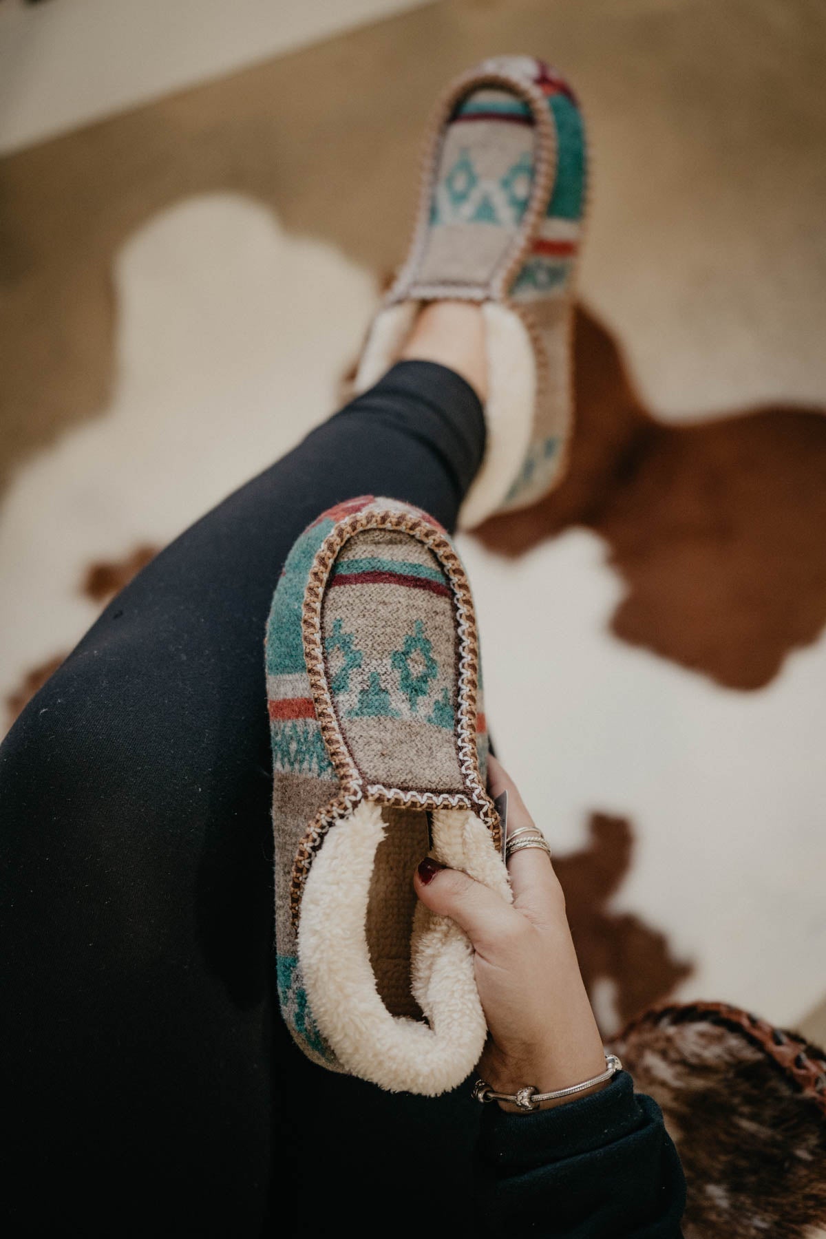 Ladies Teal & Tan Aztec Slipper Bootie