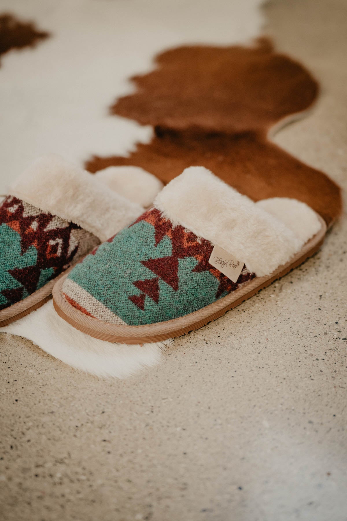 Ladies Burgundy & Teal Aztec Slide Slippers with Faux Fur Trim