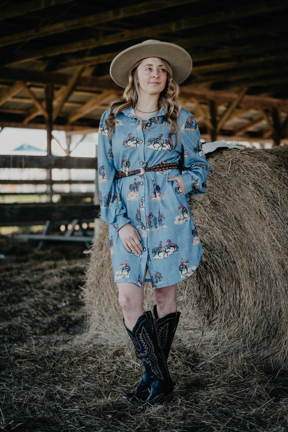 'Ada' Western Printed Button Down Dress with Pockets (S-XL)