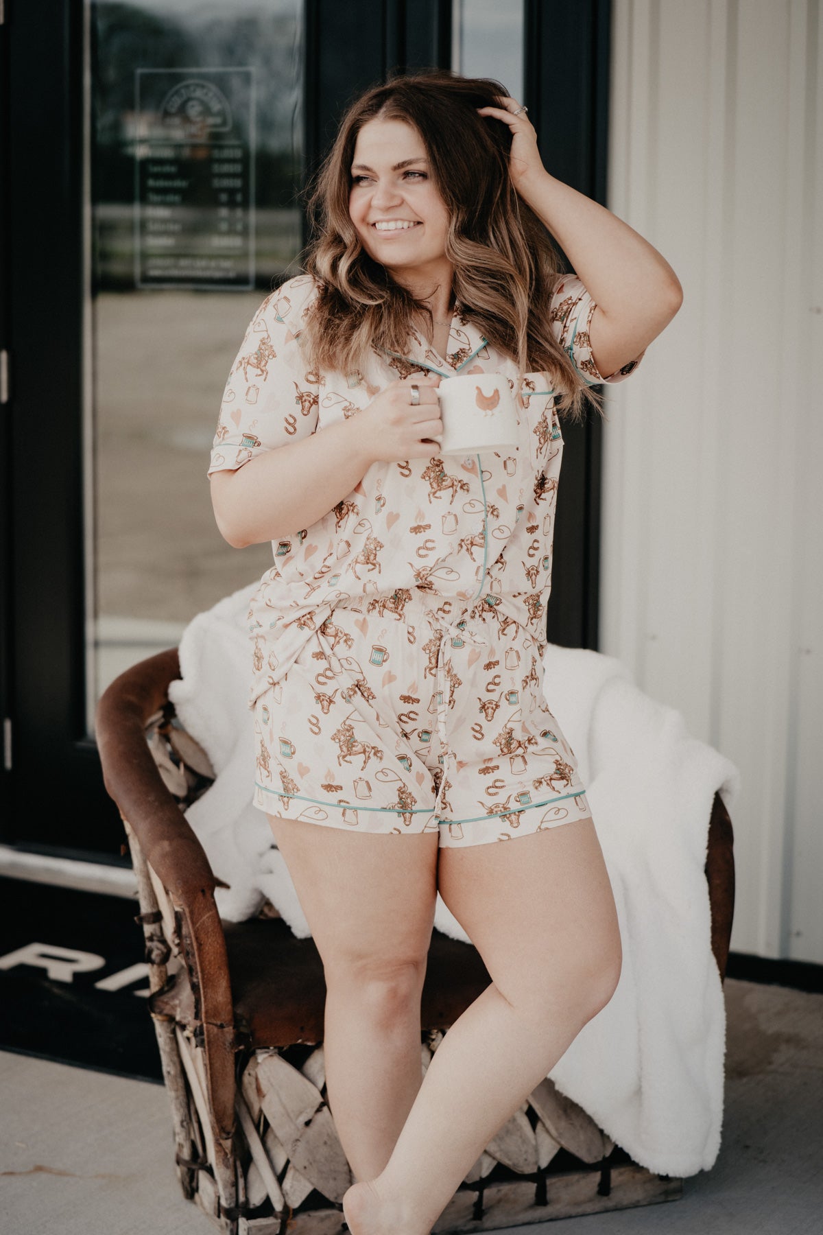 'Coffee Cowgirl' Short Sleeve Pajama Set (S - XL)