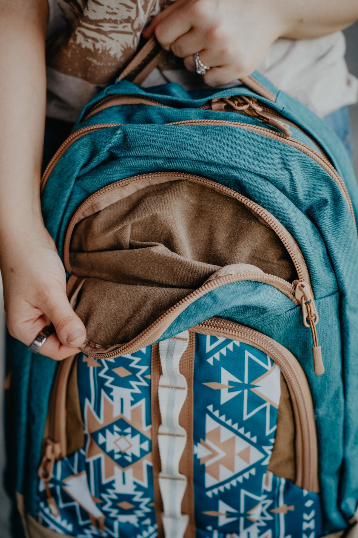 OX Hooey Backpack Teal/ Tan with Aztec Pattern