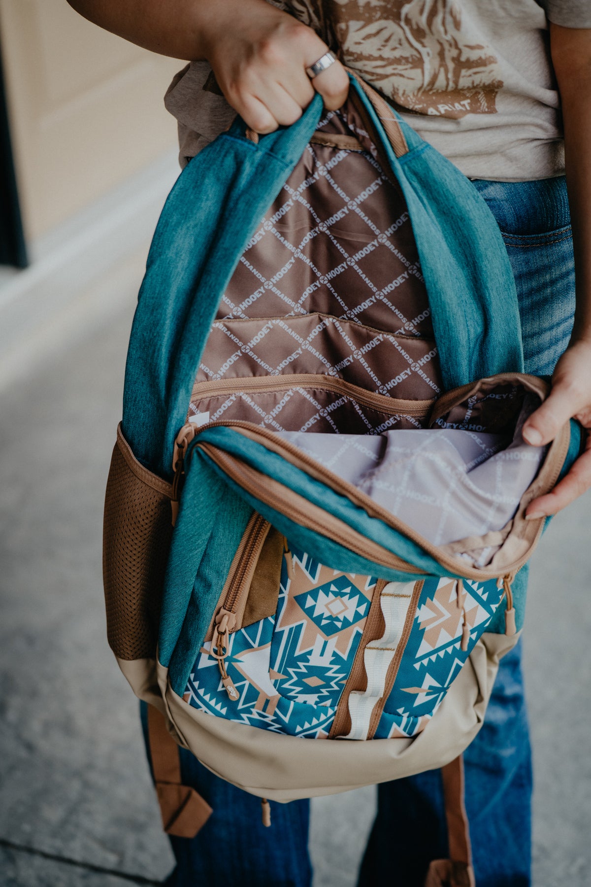 OX Hooey Backpack Teal/ Tan with Aztec Pattern