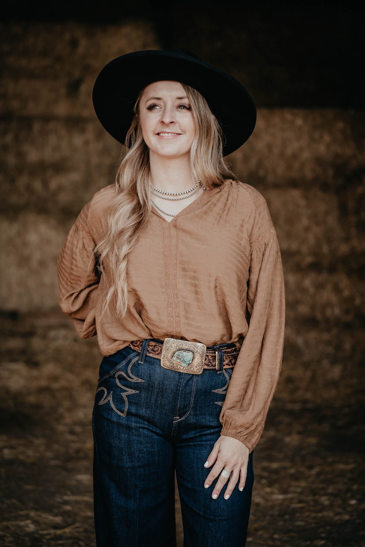 ‘Caroline’ Camel Coloured Lace Trim Blouse (S - L)
