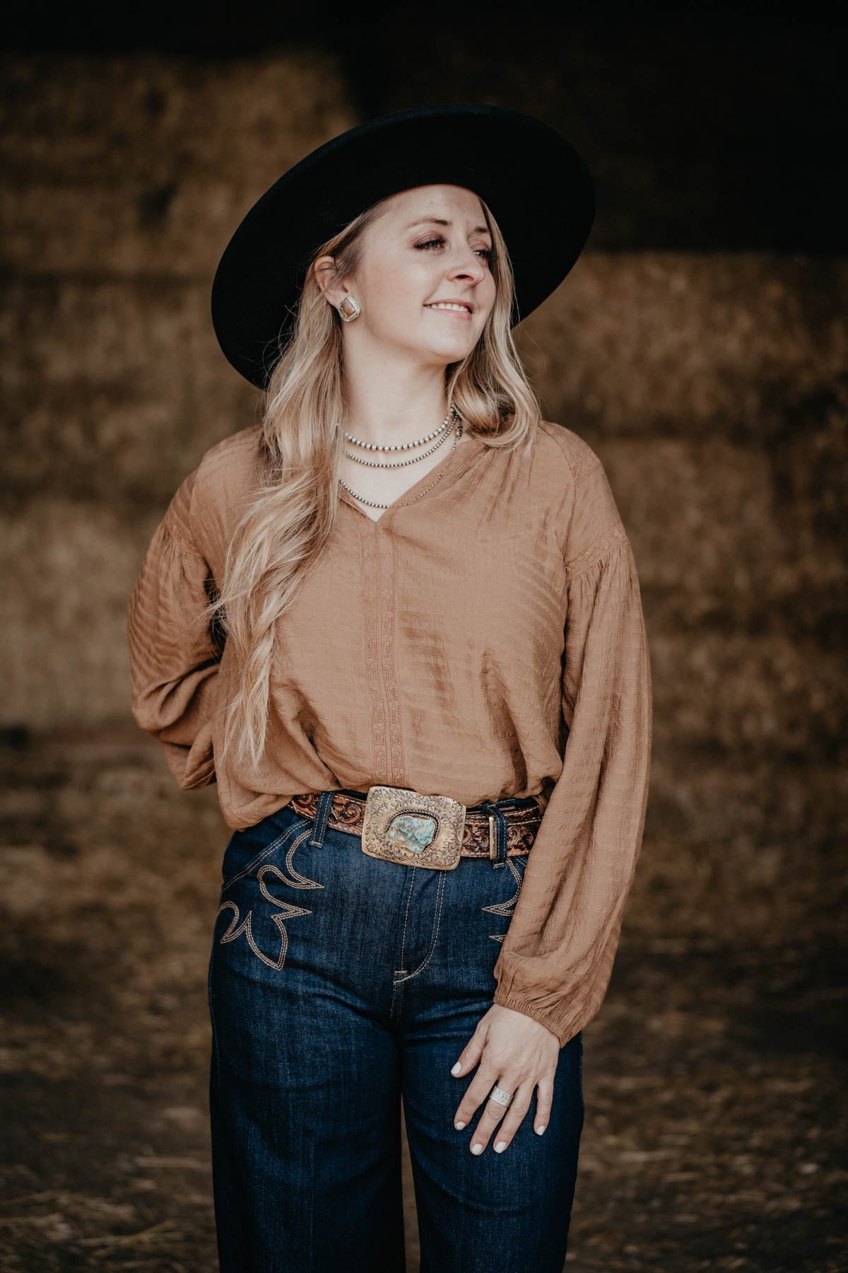 ‘Caroline’ Camel Coloured Lace Trim Blouse (S - L)