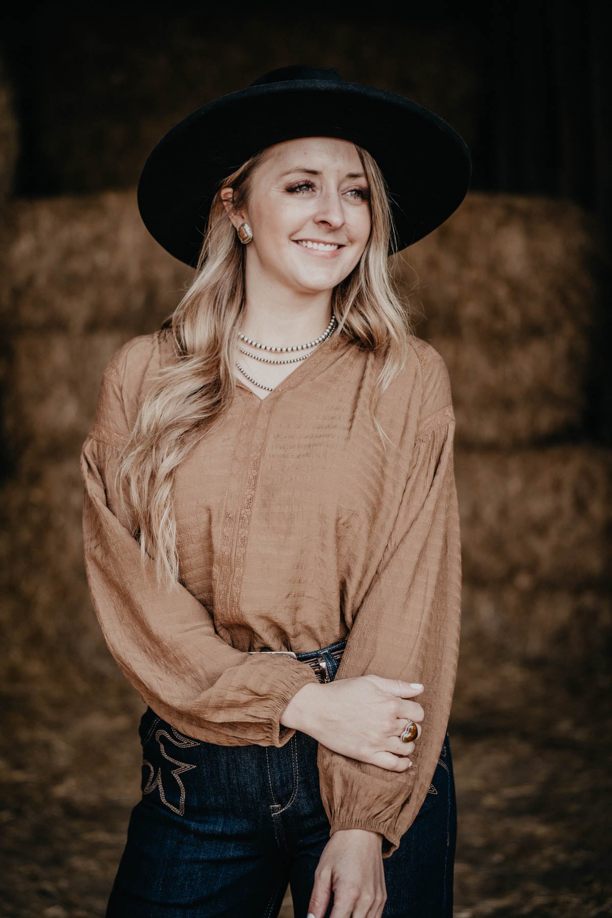 ‘Caroline’ Camel Coloured Lace Trim Blouse (S - L)