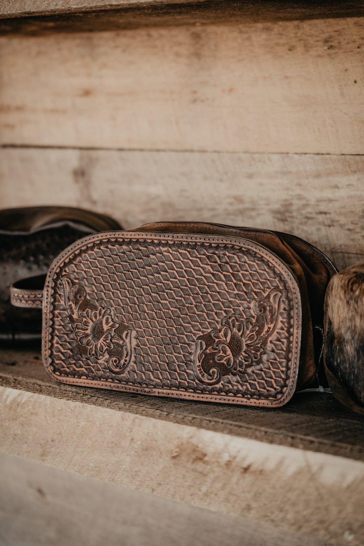 Floral Tooled Leather Toiletry Case / Shave Kit by Double J Saddlery