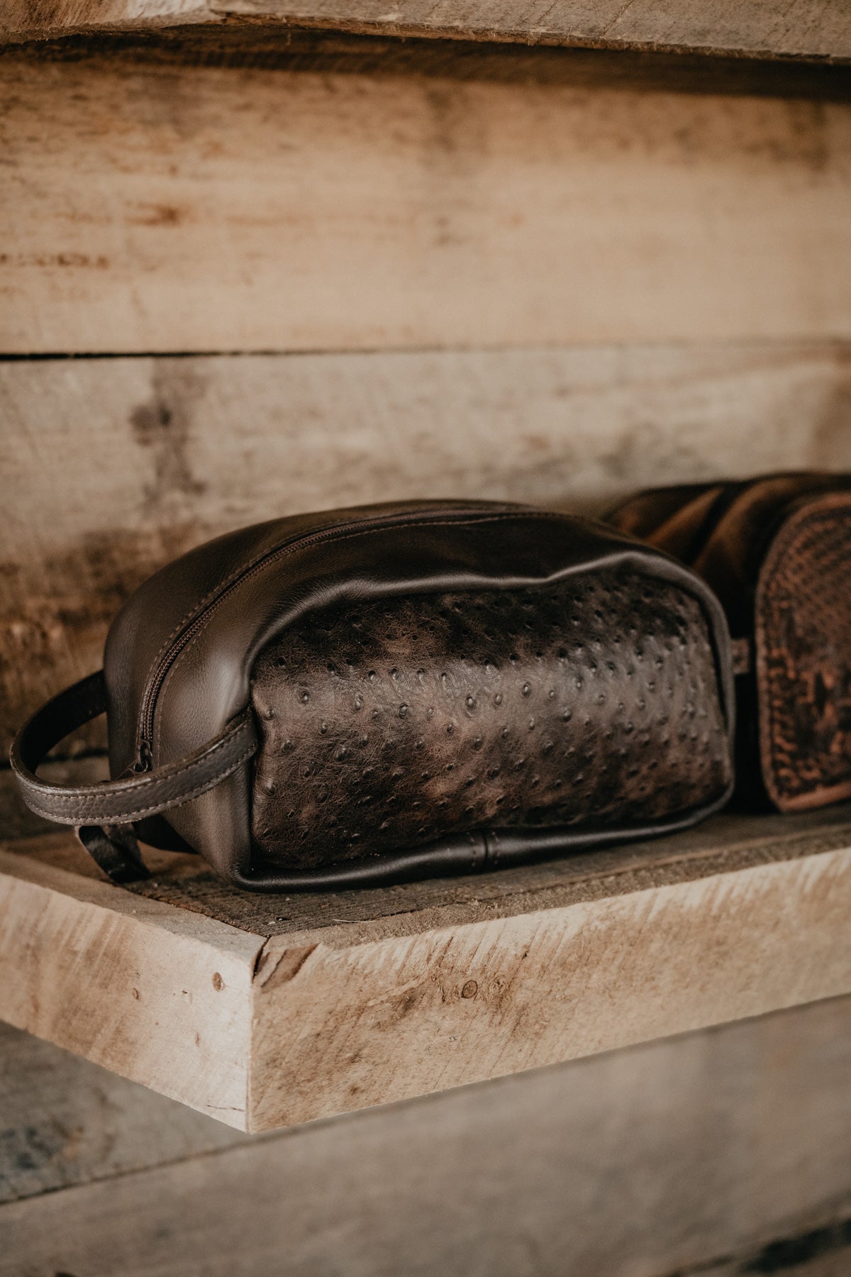 Chocolate Ostrich Leather Toiletry Case / Shave Kit by Double J Saddlery