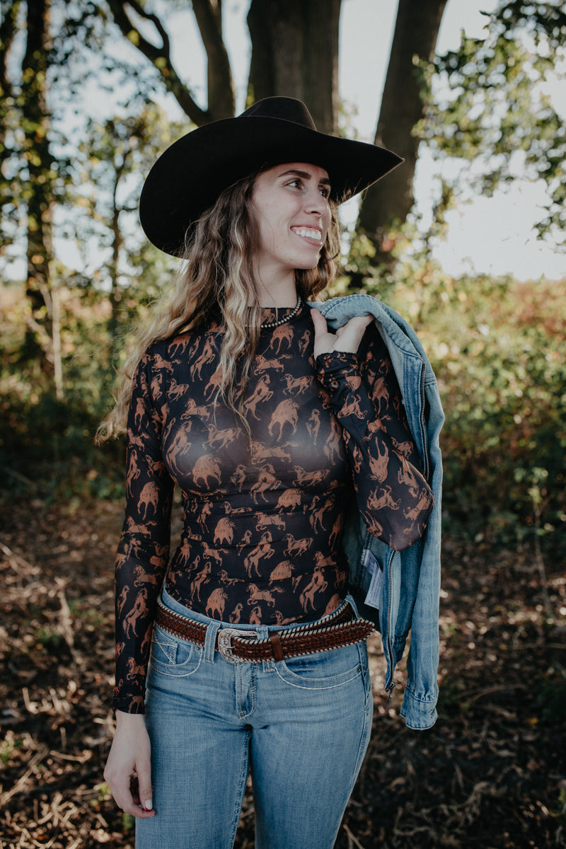 'Jenni' Horse Printed Long Sleeve Mesh Top (S-L)